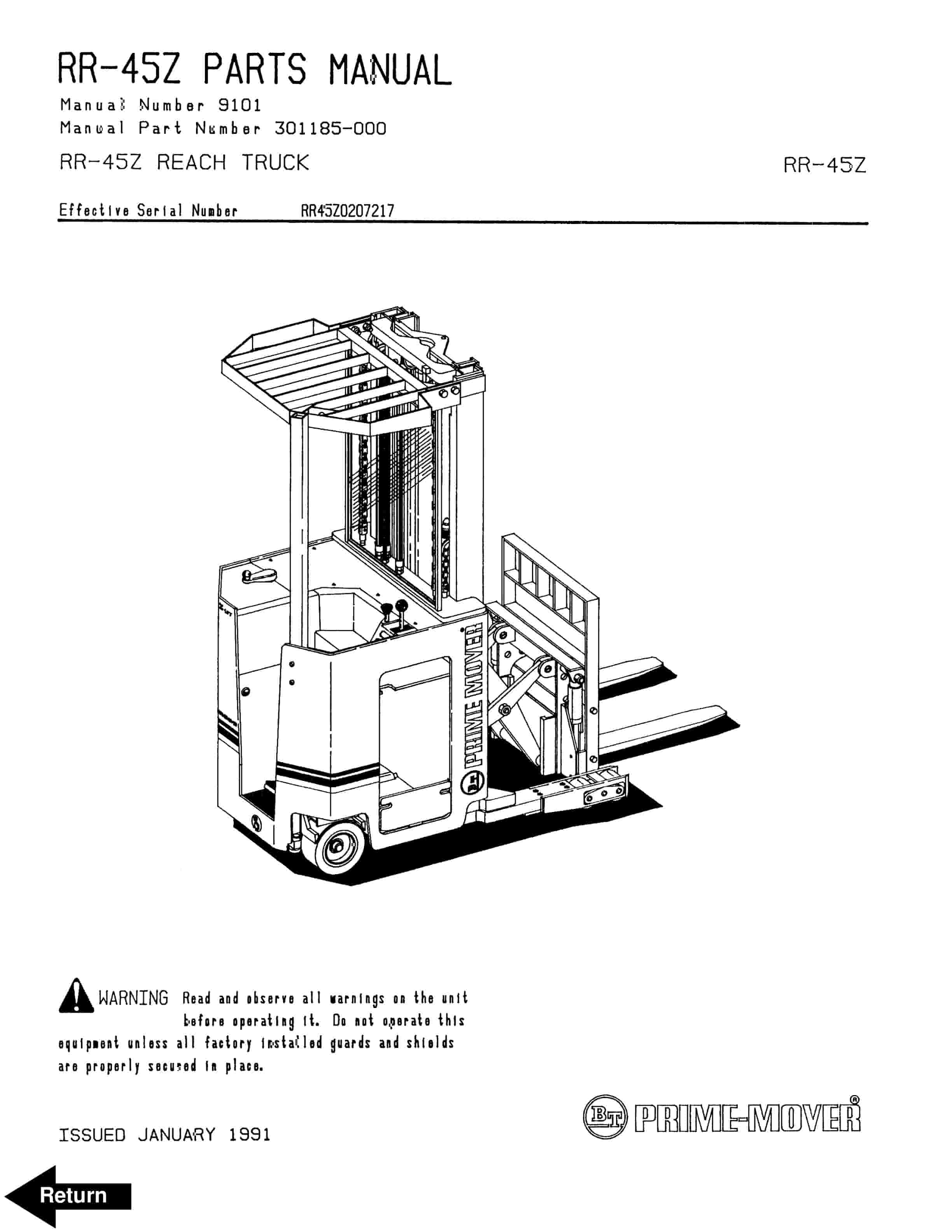 BT RR-45Z Reach Truck Parts Manual 301185-000 1 BT RR-45Z Reach Truck Parts Manual 301185-000