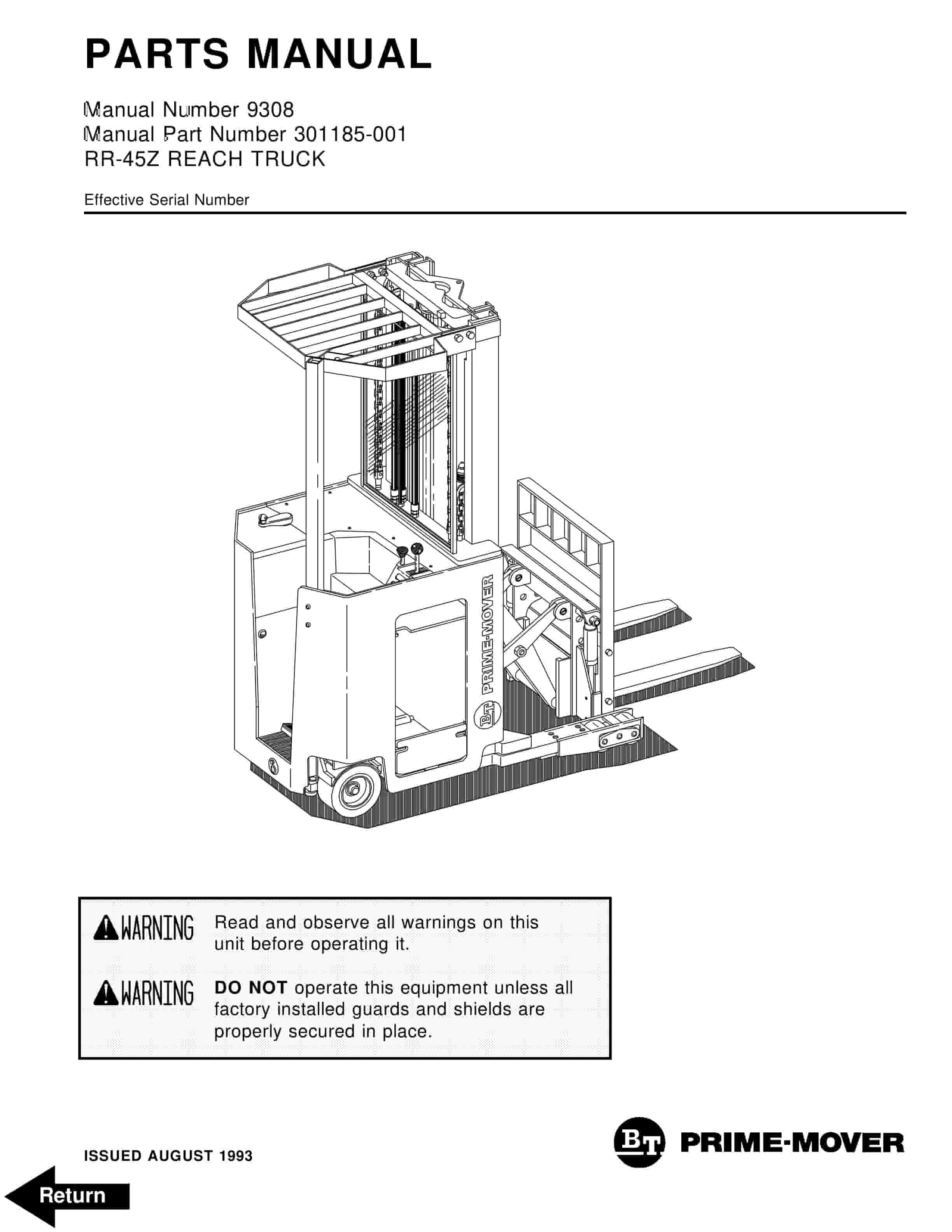 BT RR-45Z Reach Truck Parts Manual 301185-001 1 BT RR-45Z Reach Truck Parts Manual 301185-001
