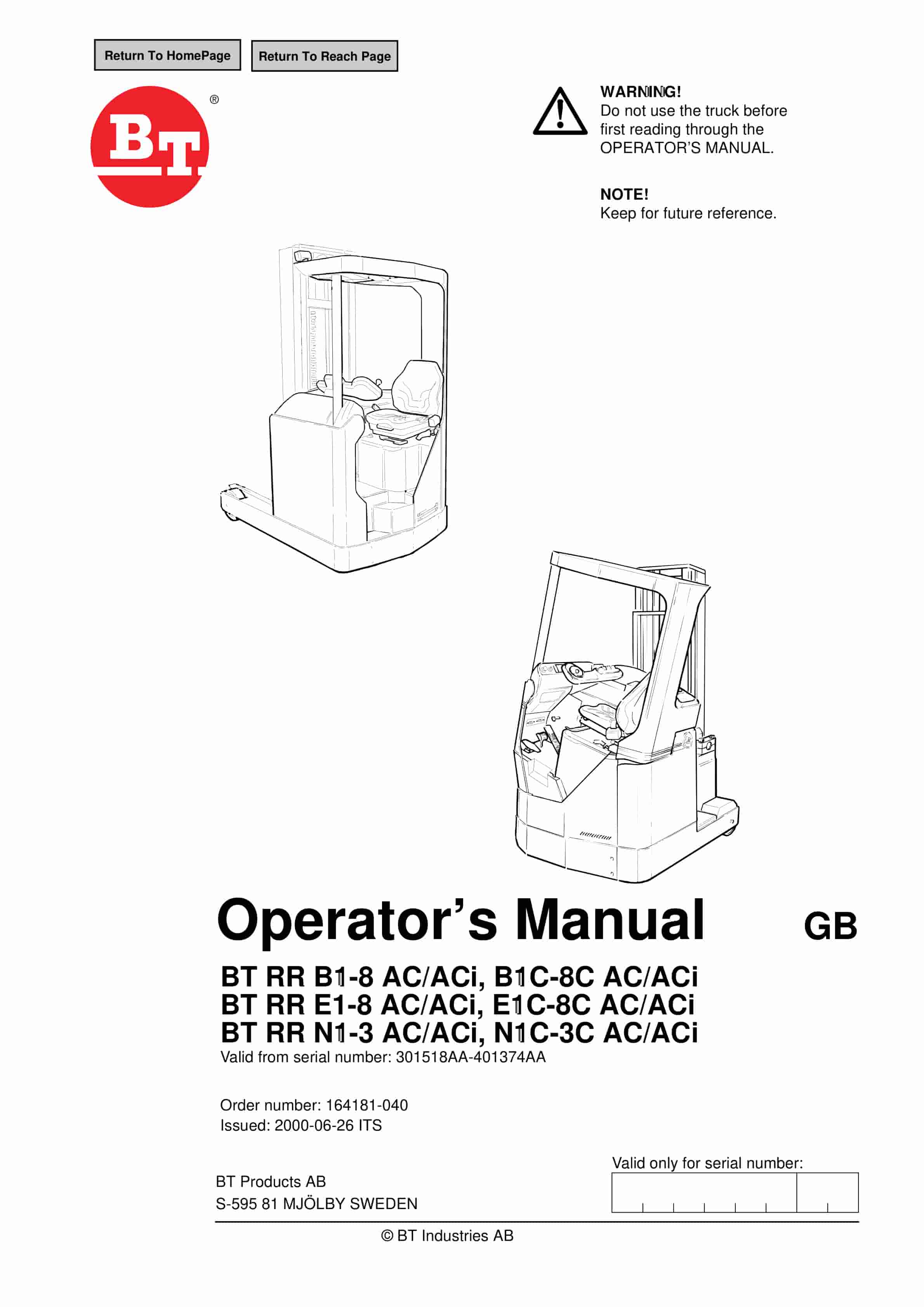 BT RR B1-8 AC-ACi, B1C-8C AC-ACi, RR E1-8 AC-ACi, E1C-8C AC-ACi, RR N1-3 AC-ACi, N1C-3C AC-ACi Operator Manual 164181-040