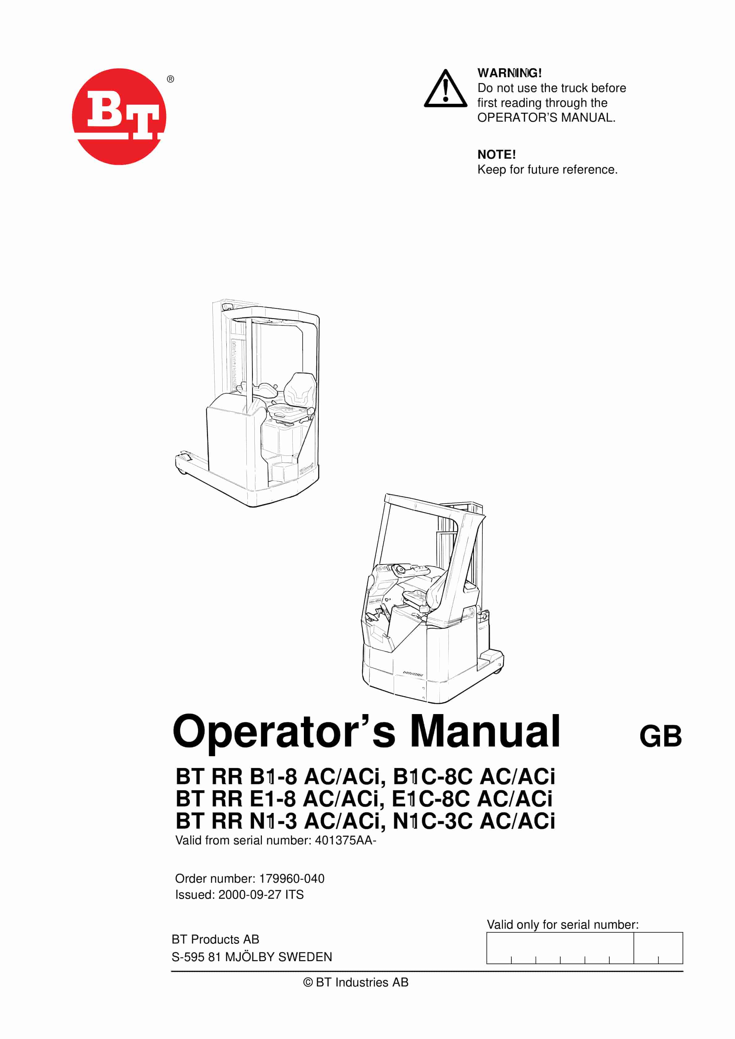 BT RR B1-8 AC-ACi to RR N1C-3C AC-ACi Operator Manual 179960-040