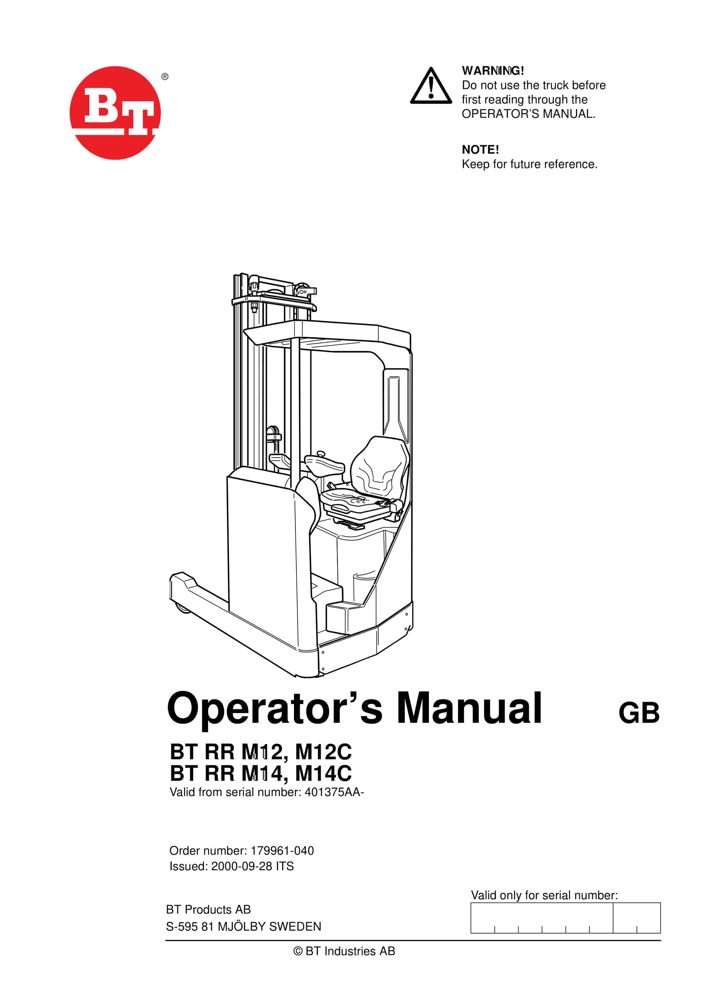 BT RR M12, RR M12C Operator Manual 179961-040
