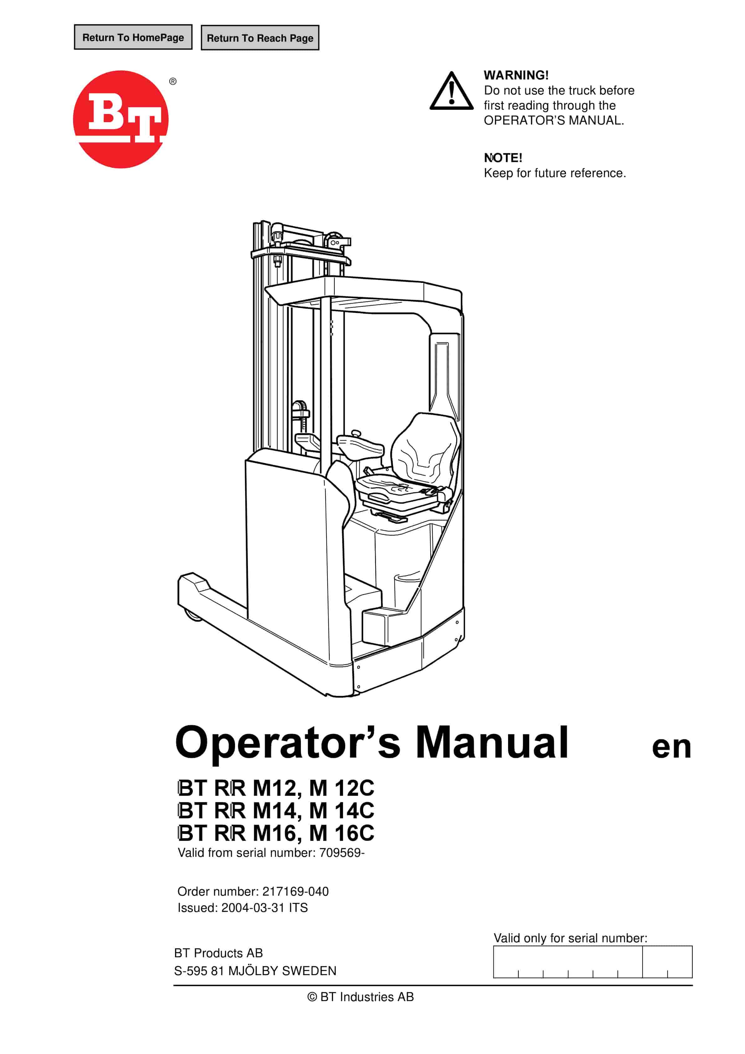 BT RR M12, RR M12C, RR M14, RR M14C, RR M16, RR M16C Operator Manual 217169-040