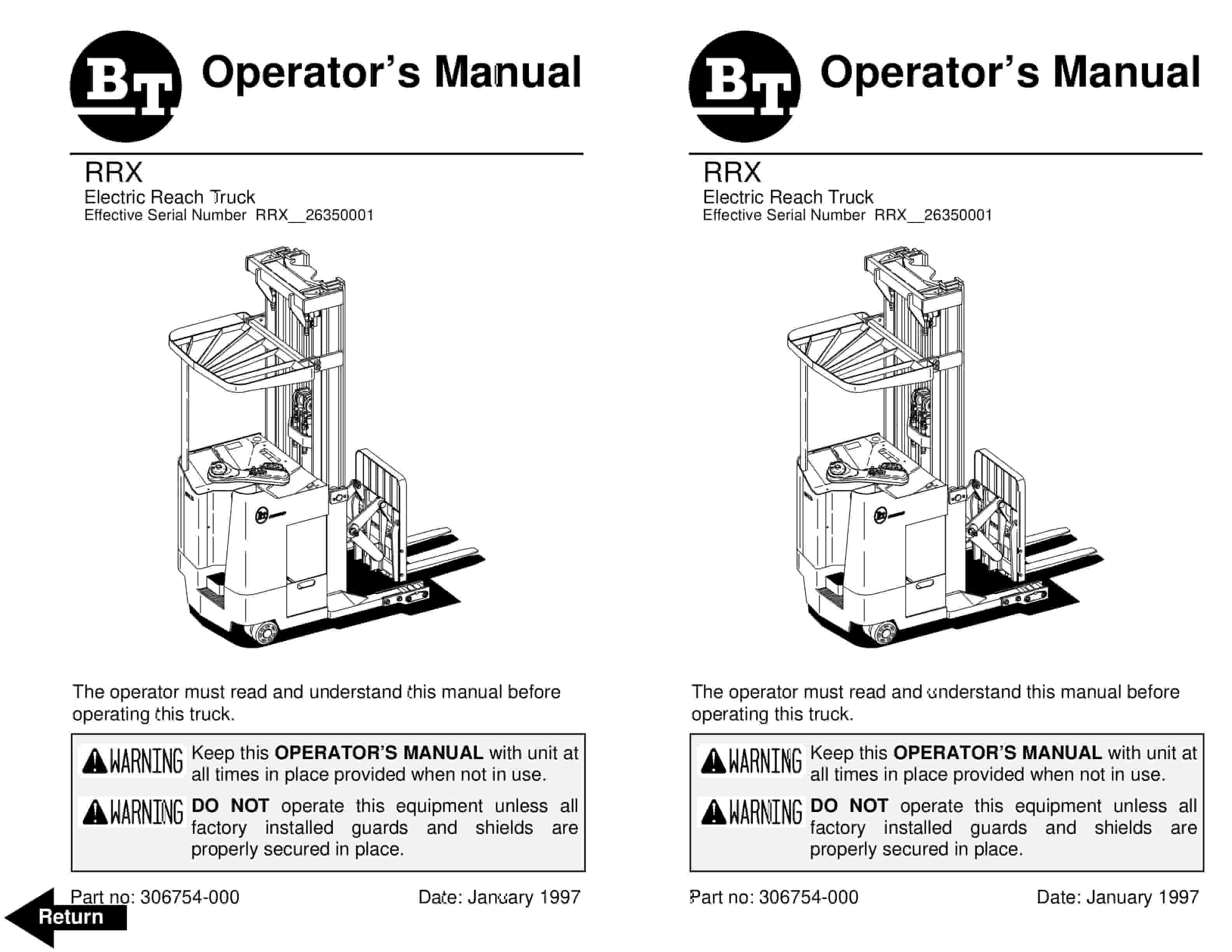 BT RRX Electric Reach Truck Operator Manual 306754-000