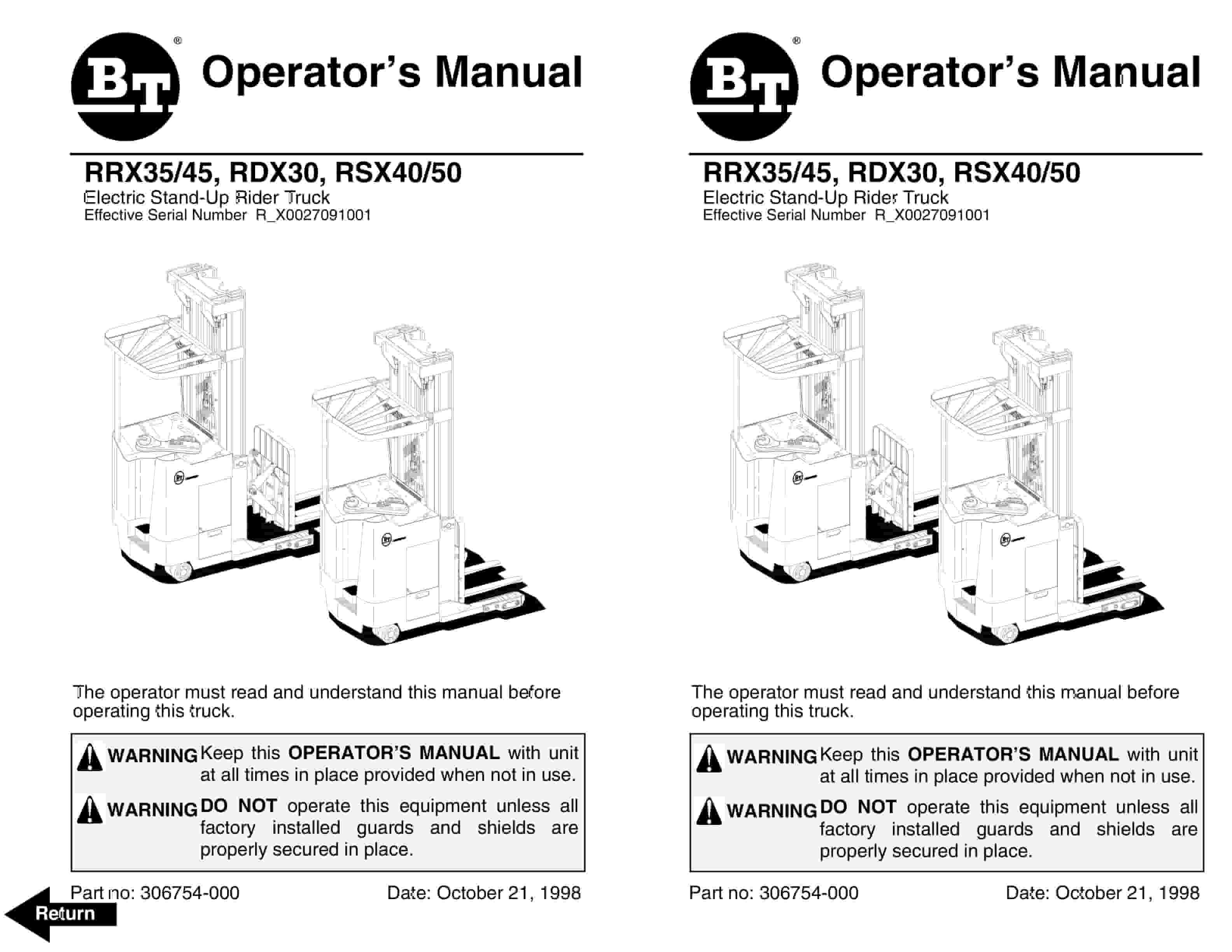 BT RRX35, RRX45, RDX30, RSX40, RSX50 Electric Stand-Up Rider Truck Operator Manual 306754-000