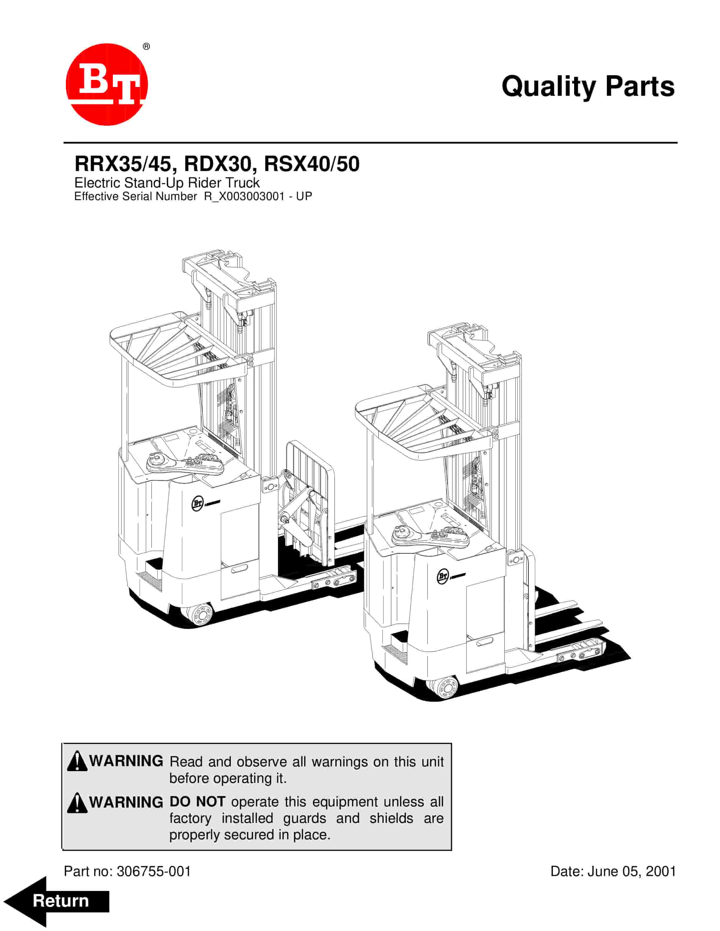 BT RRX35, RRX45, RDX30, RSX40, RSX50 Electric Stand-Up Rider Truck Parts Manual 306755-001 1 BT RRX35, RRX45, RDX30, RSX40, RSX50 Electric Stand-Up Rider Truck Parts Manual 306755-001