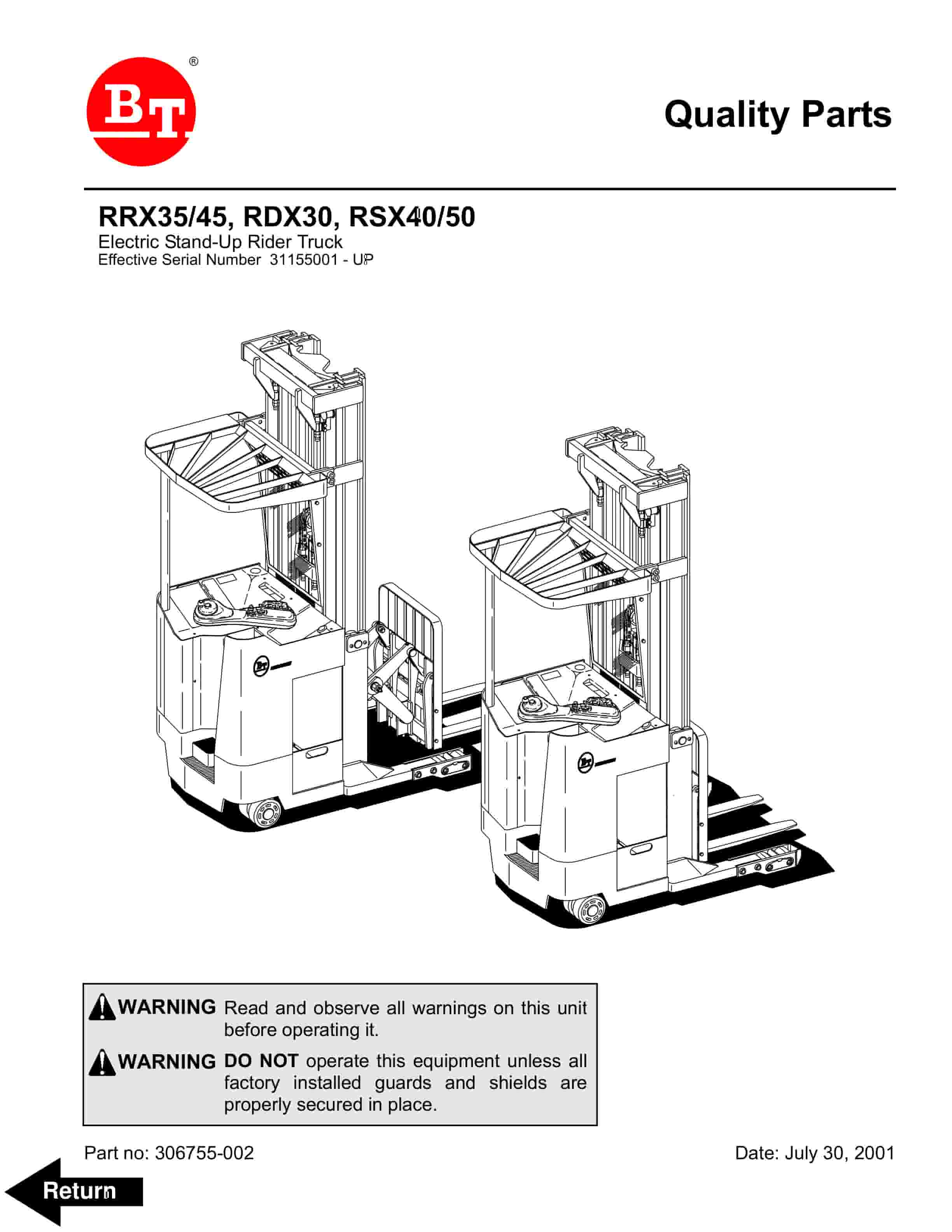 BT RRX35, RRX45, RDX30, RSX40, RSX50 Electric Stand-Up Rider Truck Parts Manual 306755-002 1 BT RRX35, RRX45, RDX30, RSX40, RSX50 Electric Stand-Up Rider Truck Parts Manual 306755-002