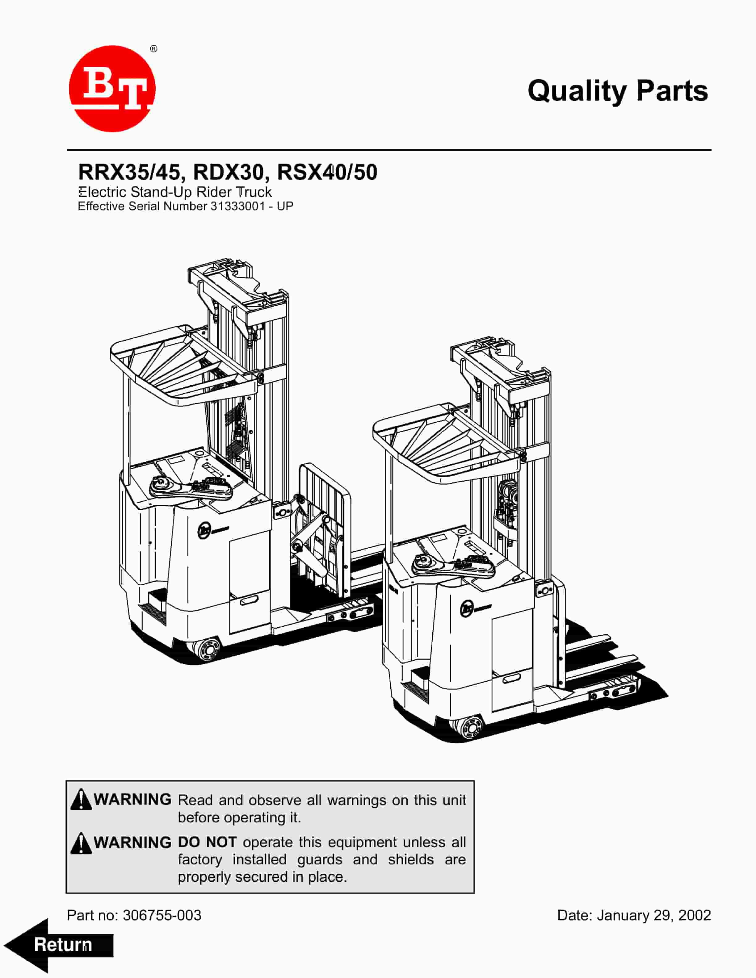 BT RRX35, RRX45, RDX30, RSX40, RSX50 Electric Stand-Up Rider Truck Parts Manual 306755-003 1 BT RRX35, RRX45, RDX30, RSX40, RSX50 Electric Stand-Up Rider Truck Parts Manual 306755-003