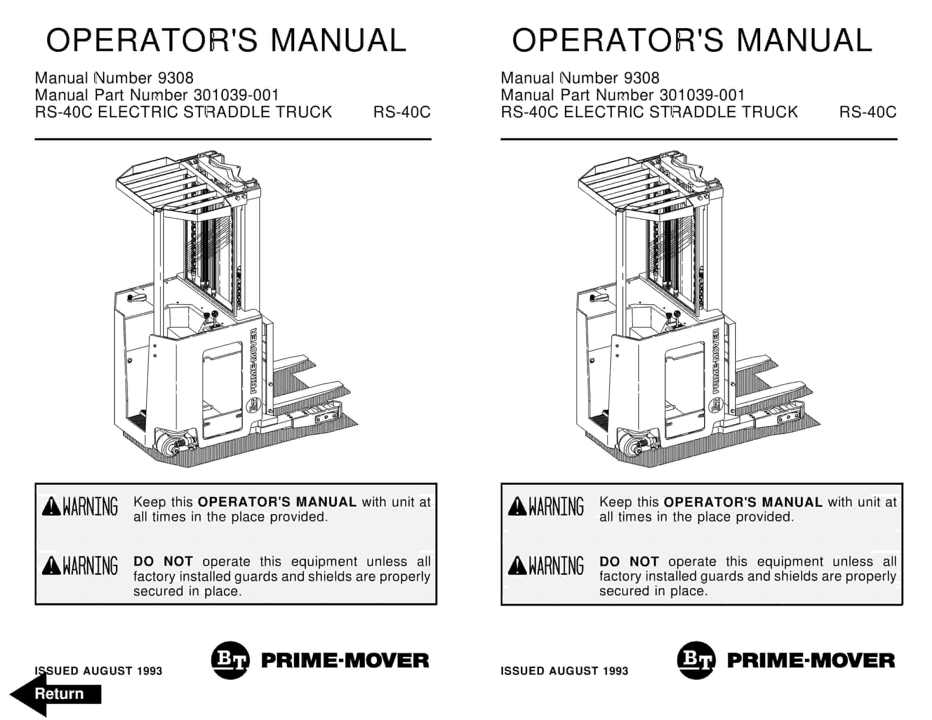 BT RS-40C Electric Straddle Truck Operator Manual 301039-001