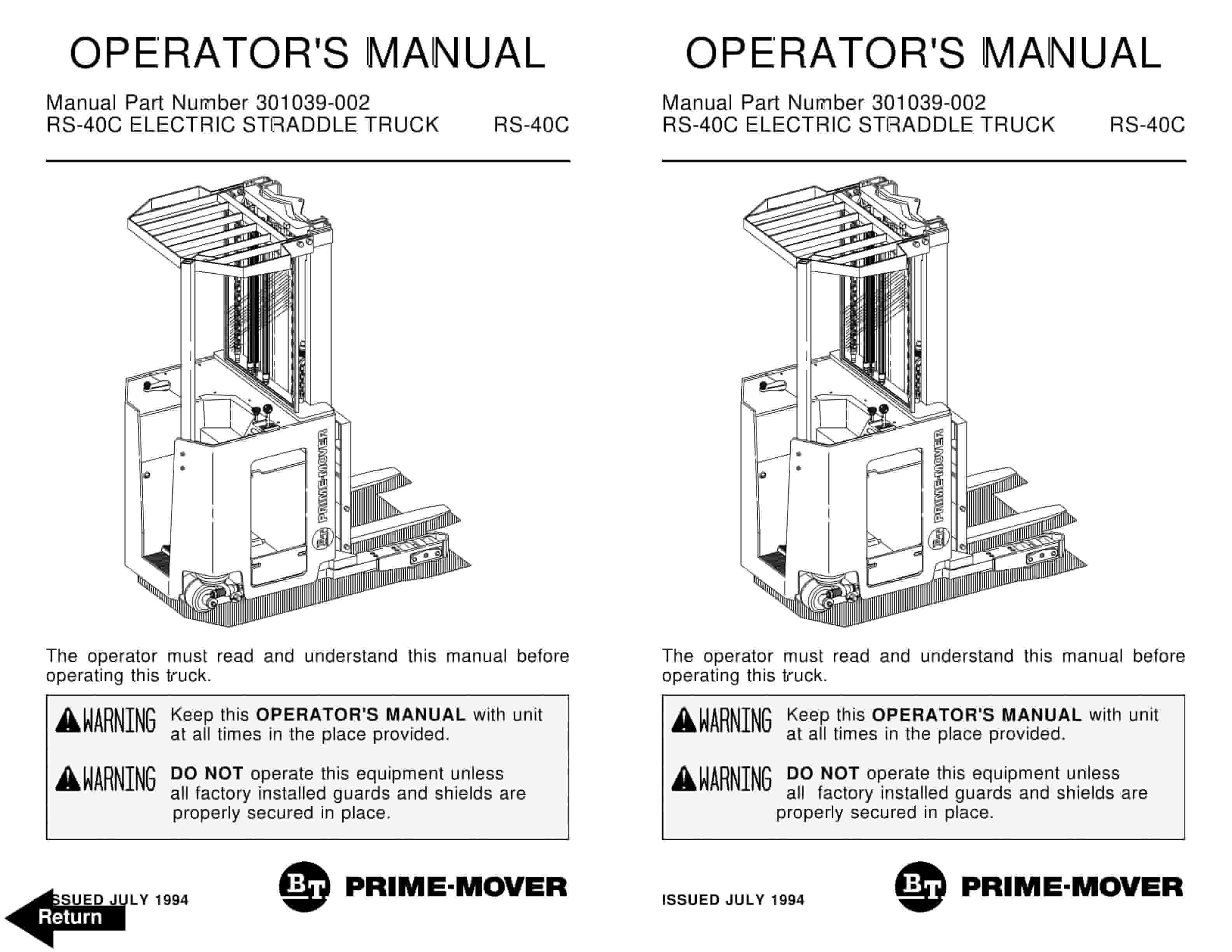 BT RS-40C Electric Straddle Truck Operator Manual 301039-002