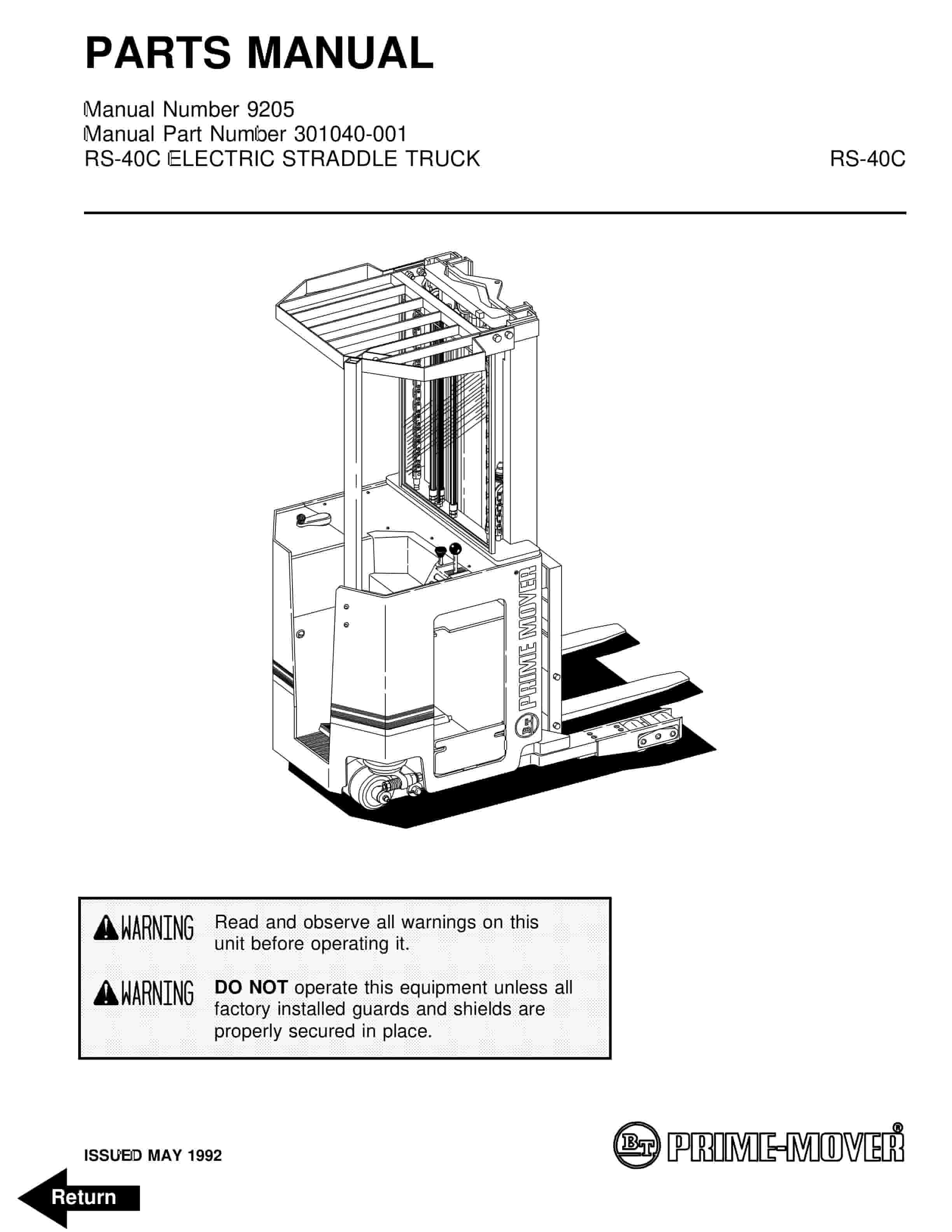 BT RS-40C Electric Straddle Truck Parts Manual 301040-001 1 BT RS-40C Electric Straddle Truck Parts Manual 301040-001