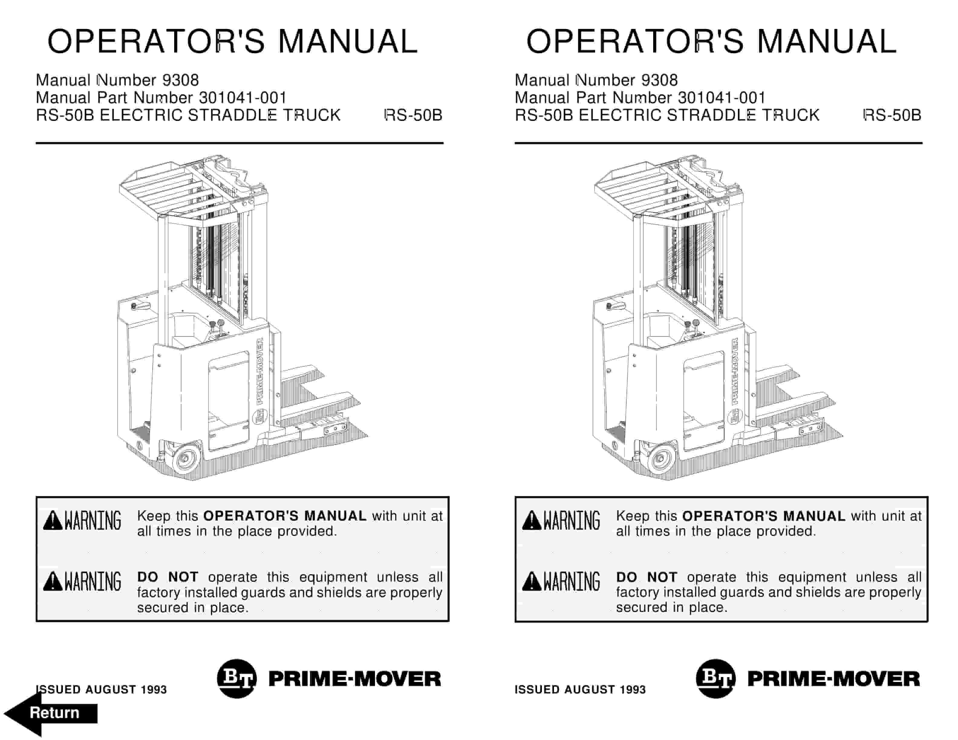 BT RS-50B Electric Straddle Truck Operator Manual 301041-001