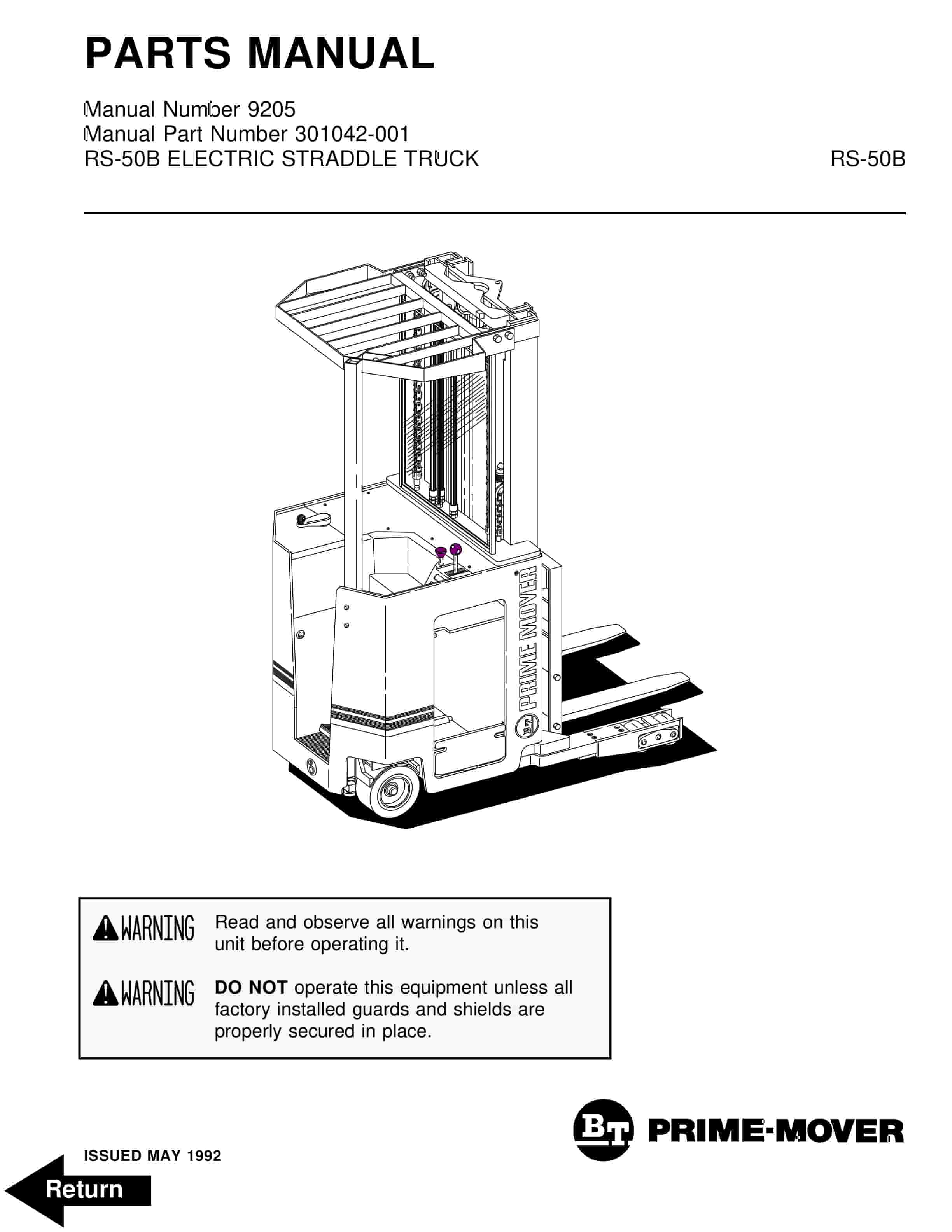 BT RS-50B Electric Straddle Truck Parts Manual 301042-001 1 BT RS-50B Electric Straddle Truck Parts Manual 301042-001
