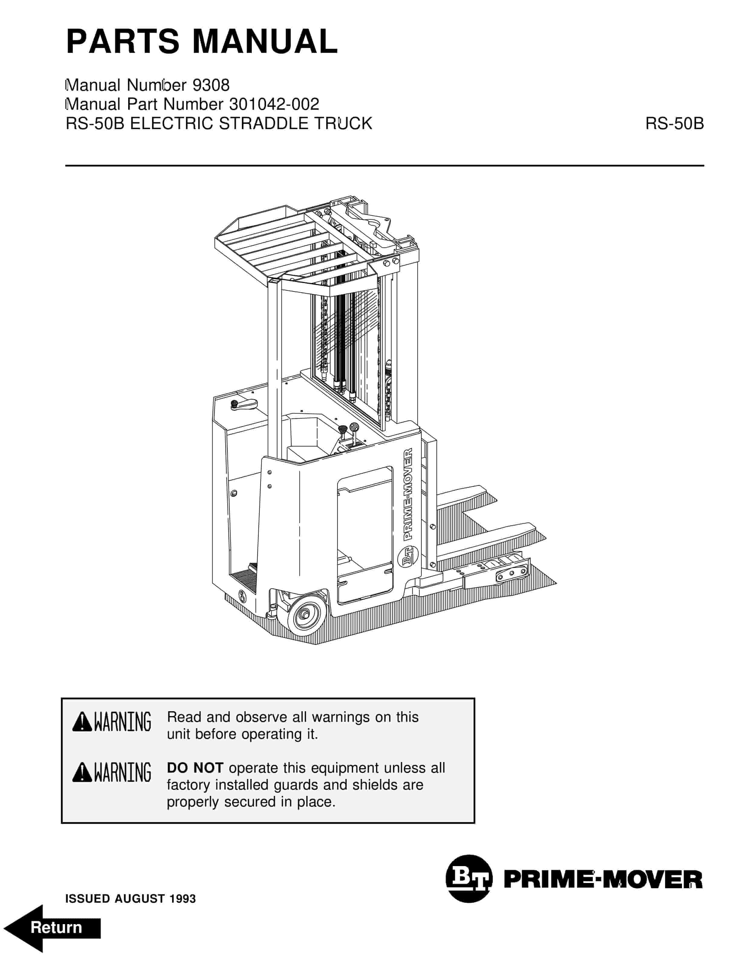 BT RS-50B Electric Straddle Truck Parts Manual 301042-002 1 BT RS-50B Electric Straddle Truck Parts Manual 301042-002