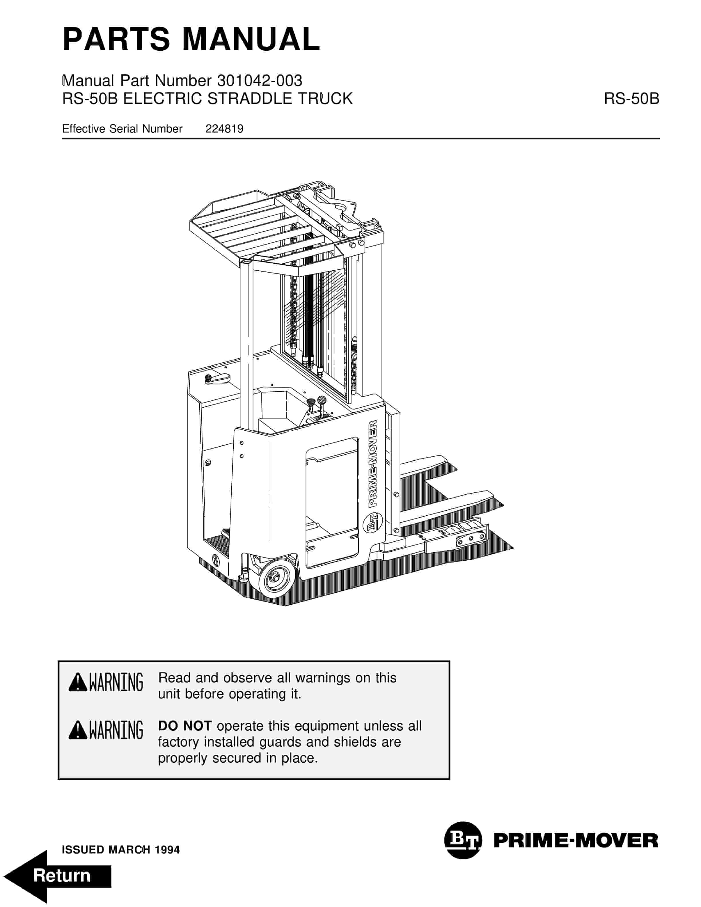 BT RS-50B Electric Straddle Truck Parts Manual 301042-003 1 BT RS-50B Electric Straddle Truck Parts Manual 301042-003