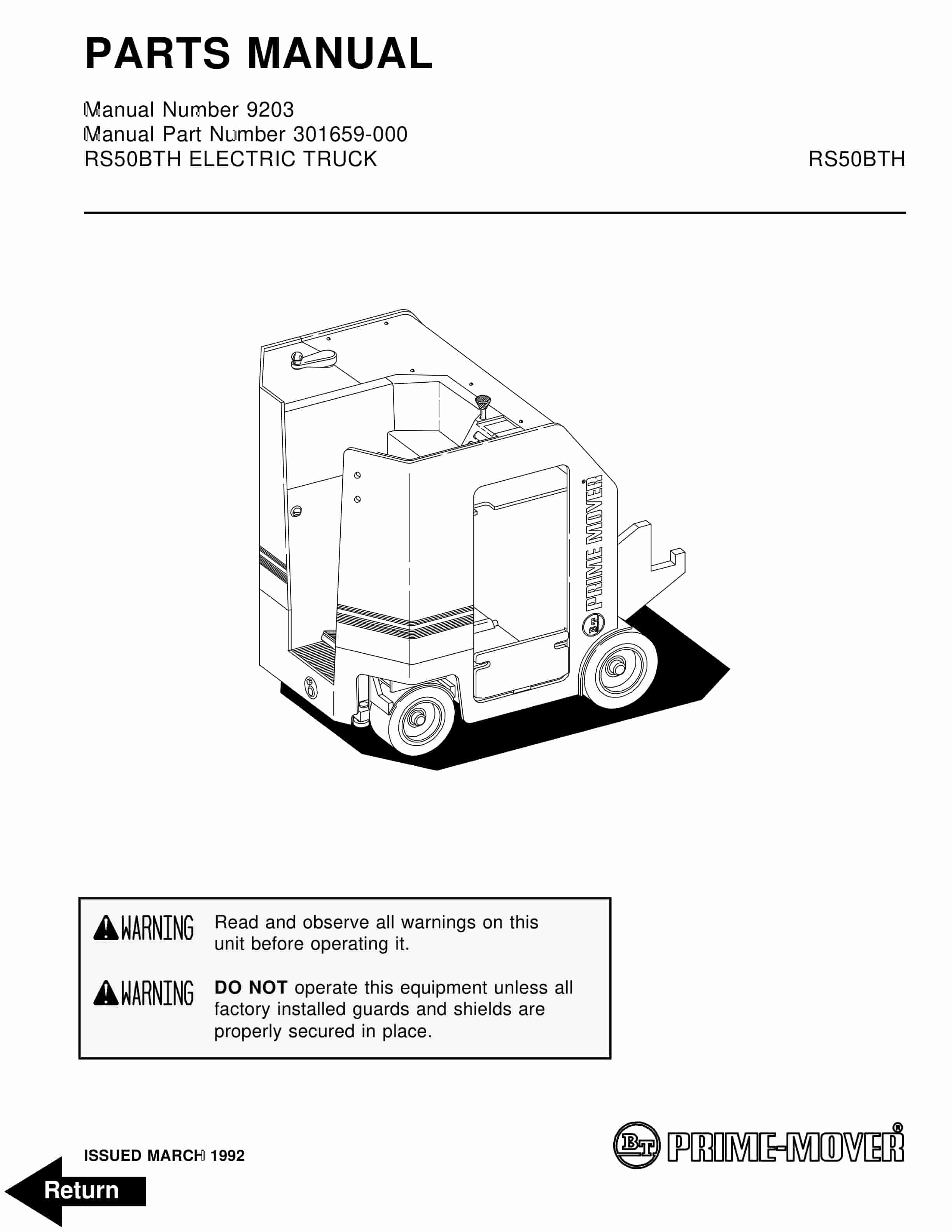 BT RS50BTH Electric Truck Parts Manual 301659-000 1 BT RS50BTH Electric Truck Parts Manual 301659-000
