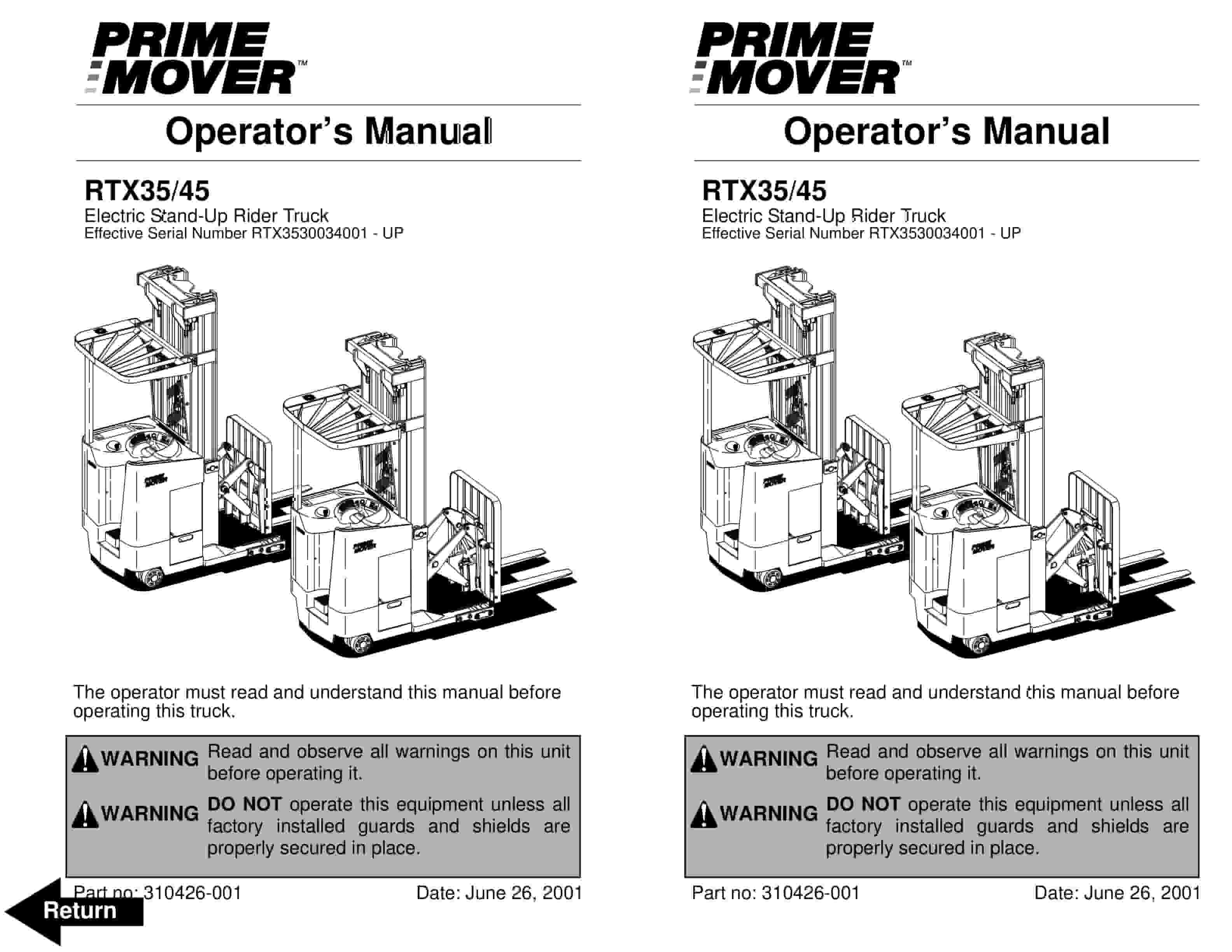 BT RTX35, RTX45 Electric Stand-Up Rider Truck Operator Manual 310426-001