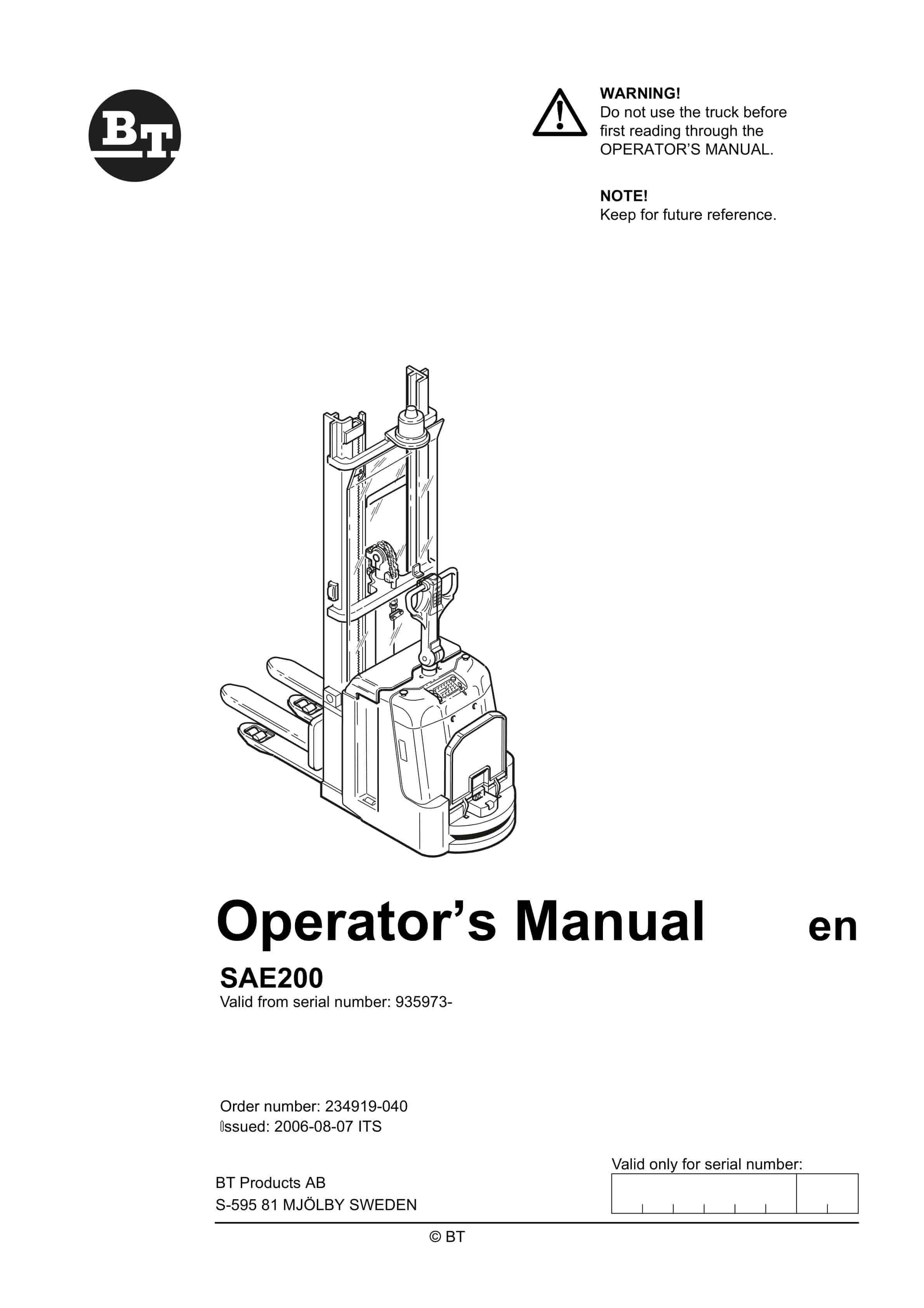BT SAE200 Operator Manual 234919-040