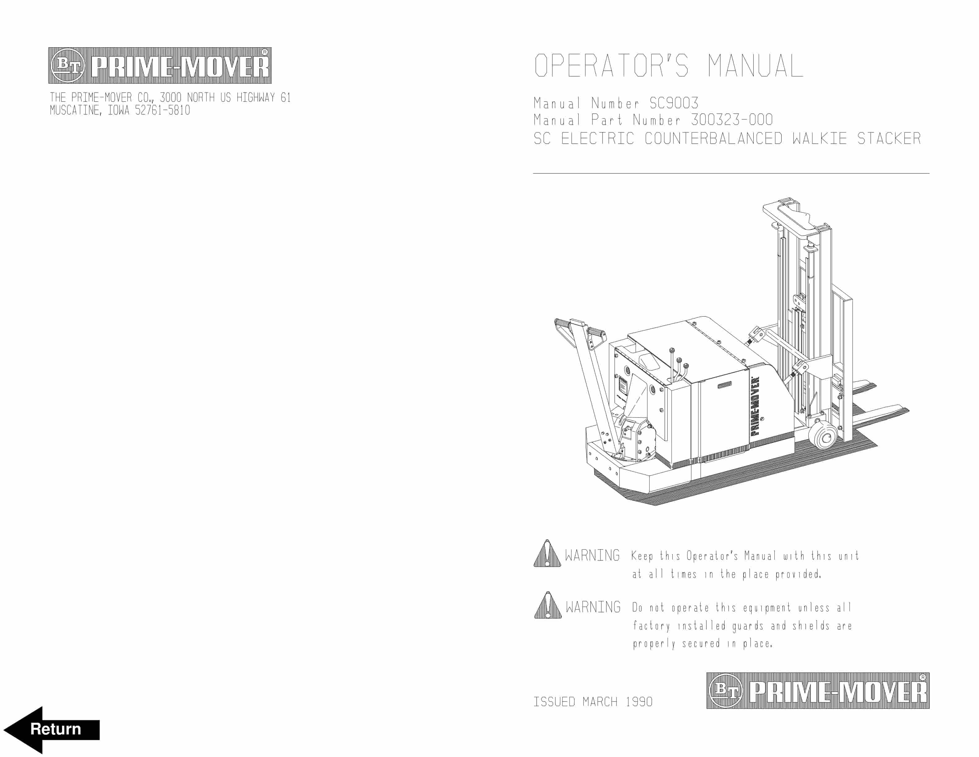 BT SC Electric Counter Balanced Walkie Stacker Operator Manual 300323-000