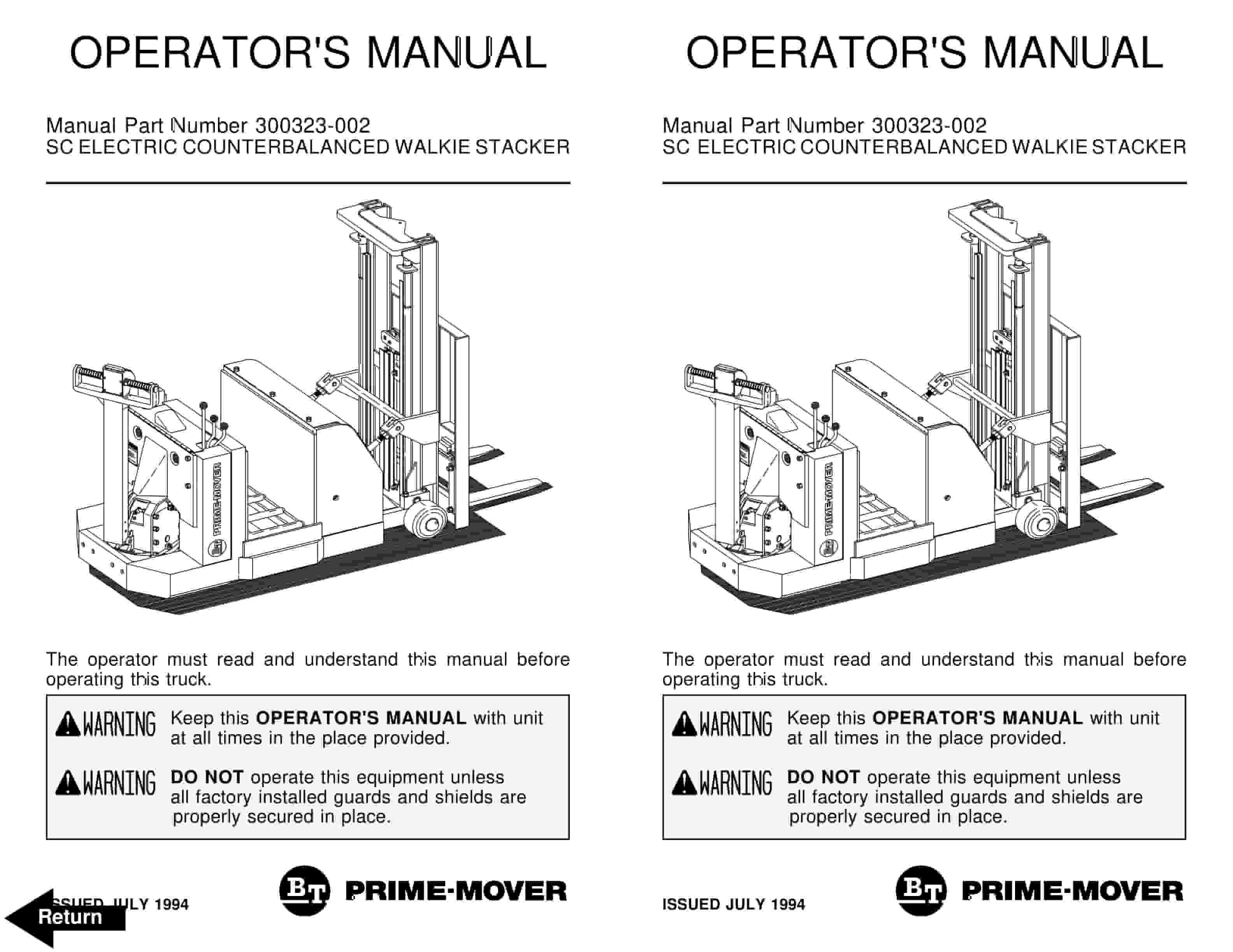 BT SC Electric Counter Balanced Walkie Stacker Operator Manual 300323-002