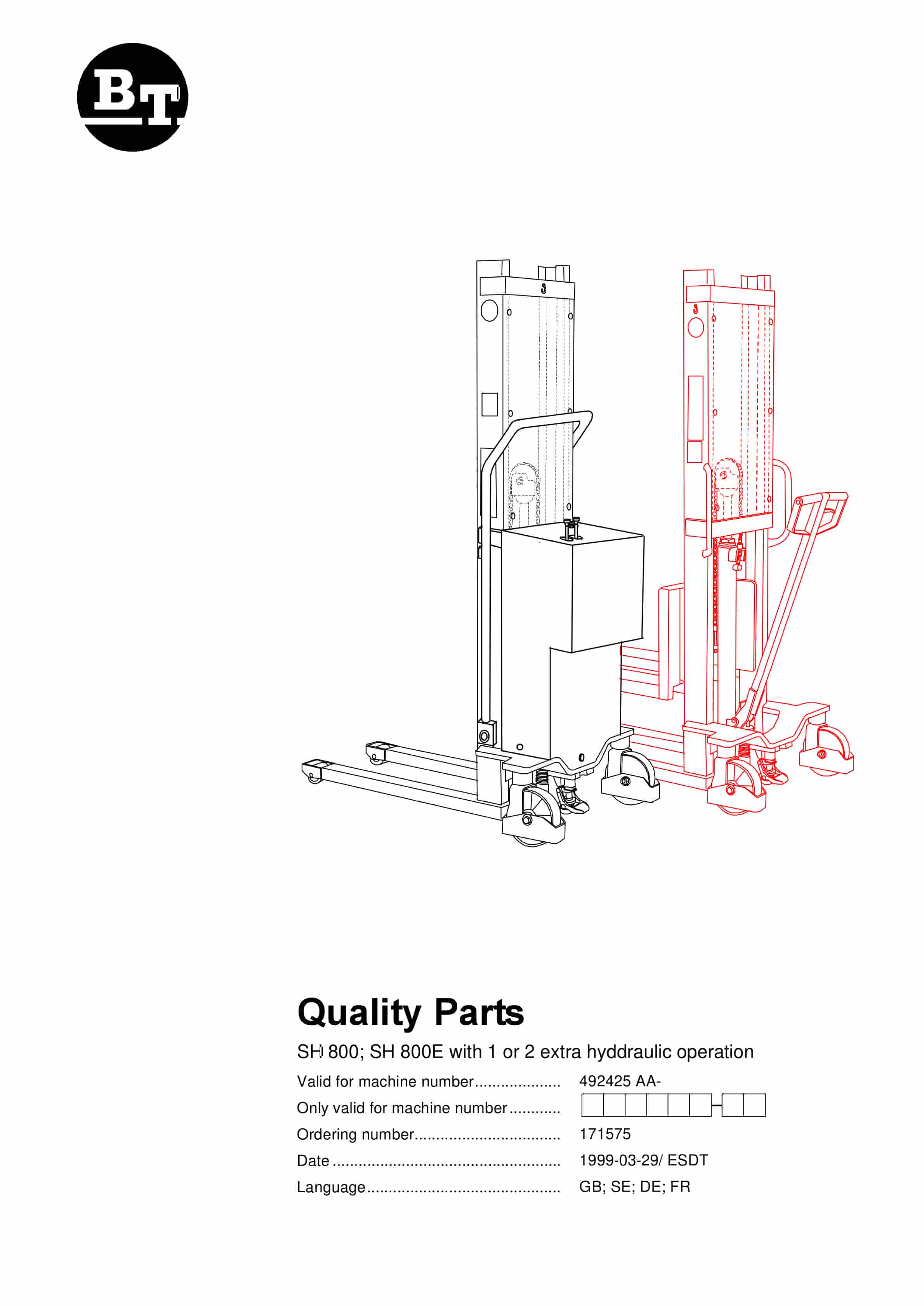 BT SH 800, SH 800E With 1 Or 2 Extra Hydraulic Operation Quality Parts 171575 1 BT SH 800, SH 800E With 1 Or 2 Extra Hydraulic Operation Quality Parts 171575