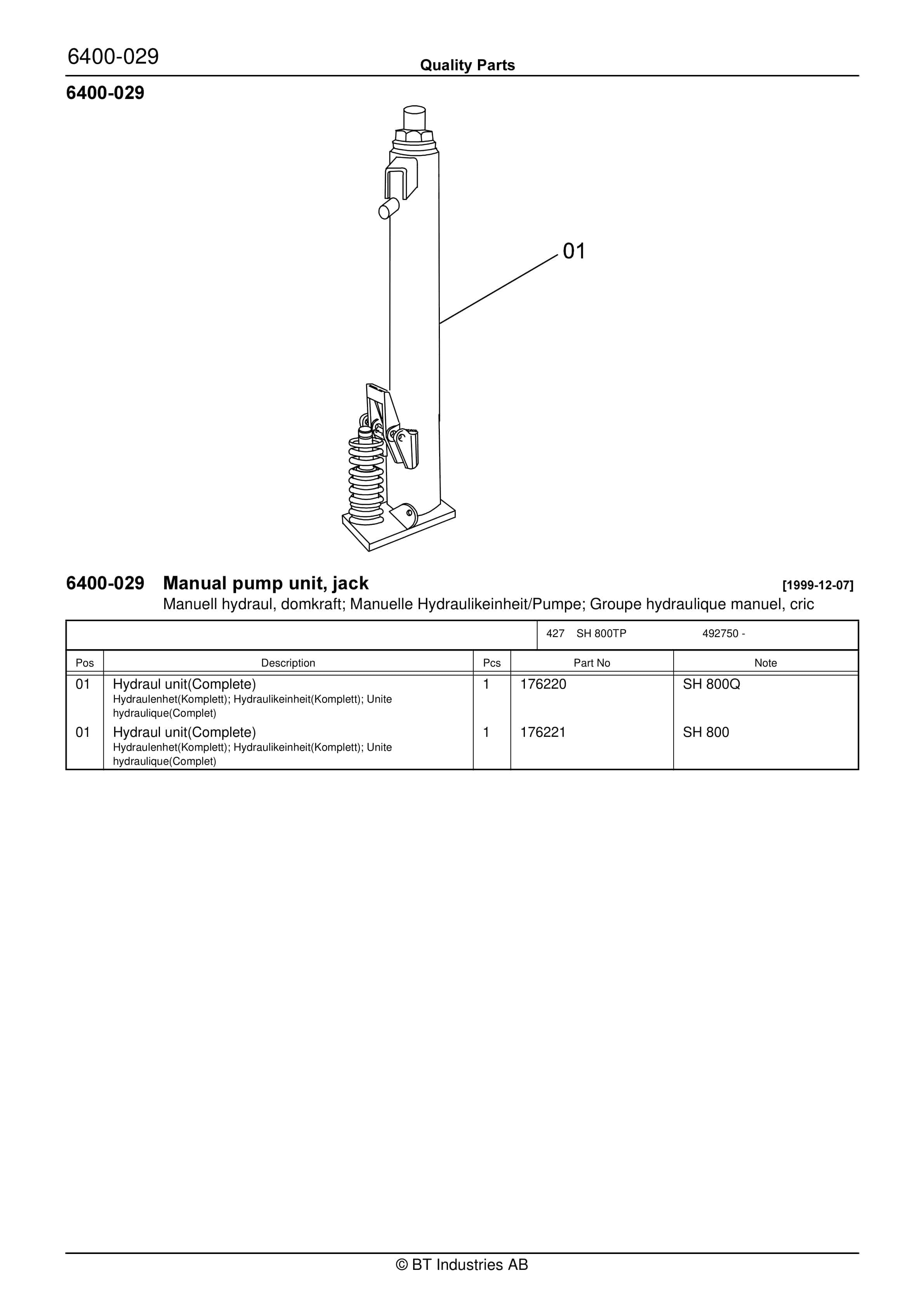 BT SH 800, SH 800E With 1 Or 2 Extra Hydraulic Operation Quality Parts 176217 3 BT SH 800, SH 800E With 1 Or 2 Extra Hydraulic Operation Quality Parts 176217 - Image 3