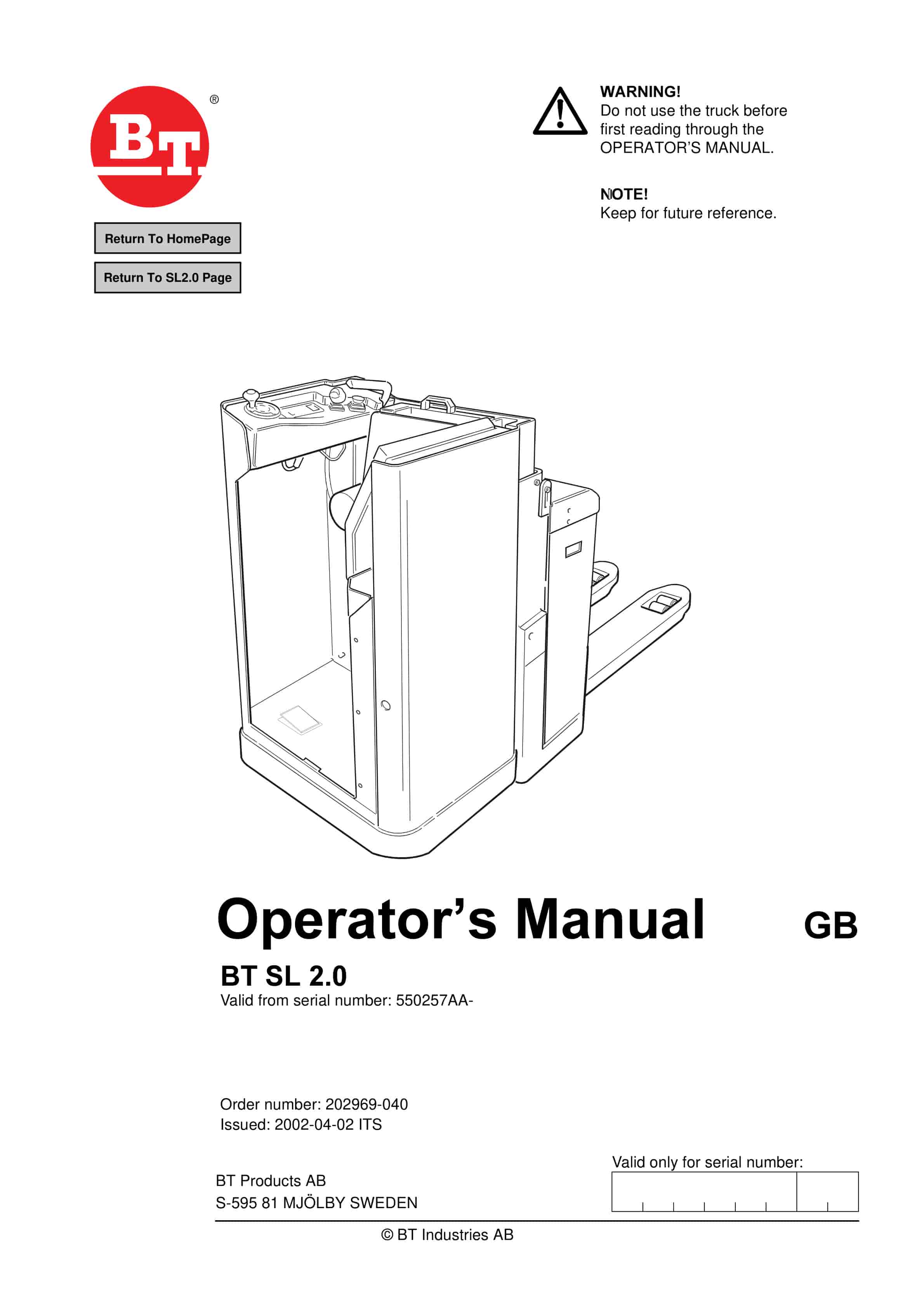 BT SL 2.0 Operator Manual 202969-040