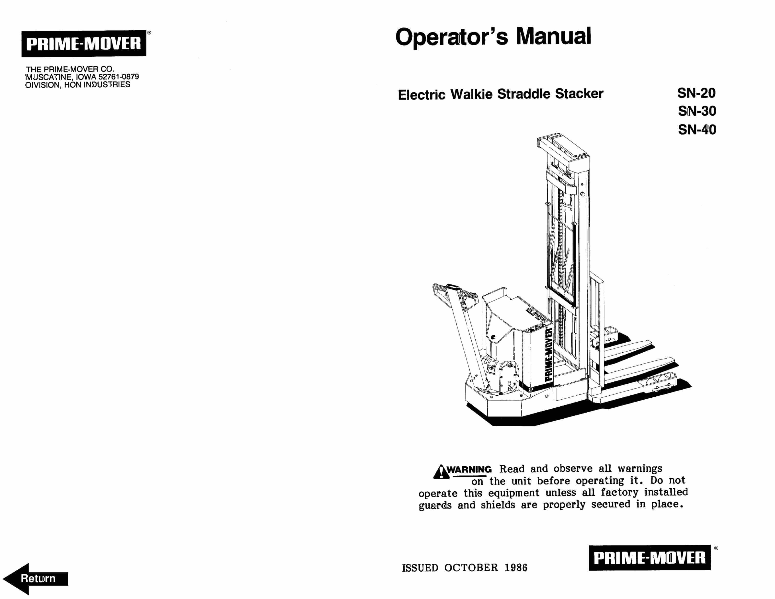 BT SN-20, SN-30, SN-40 Electric Walkie Straddle Stacker Operator Manual 300381-000