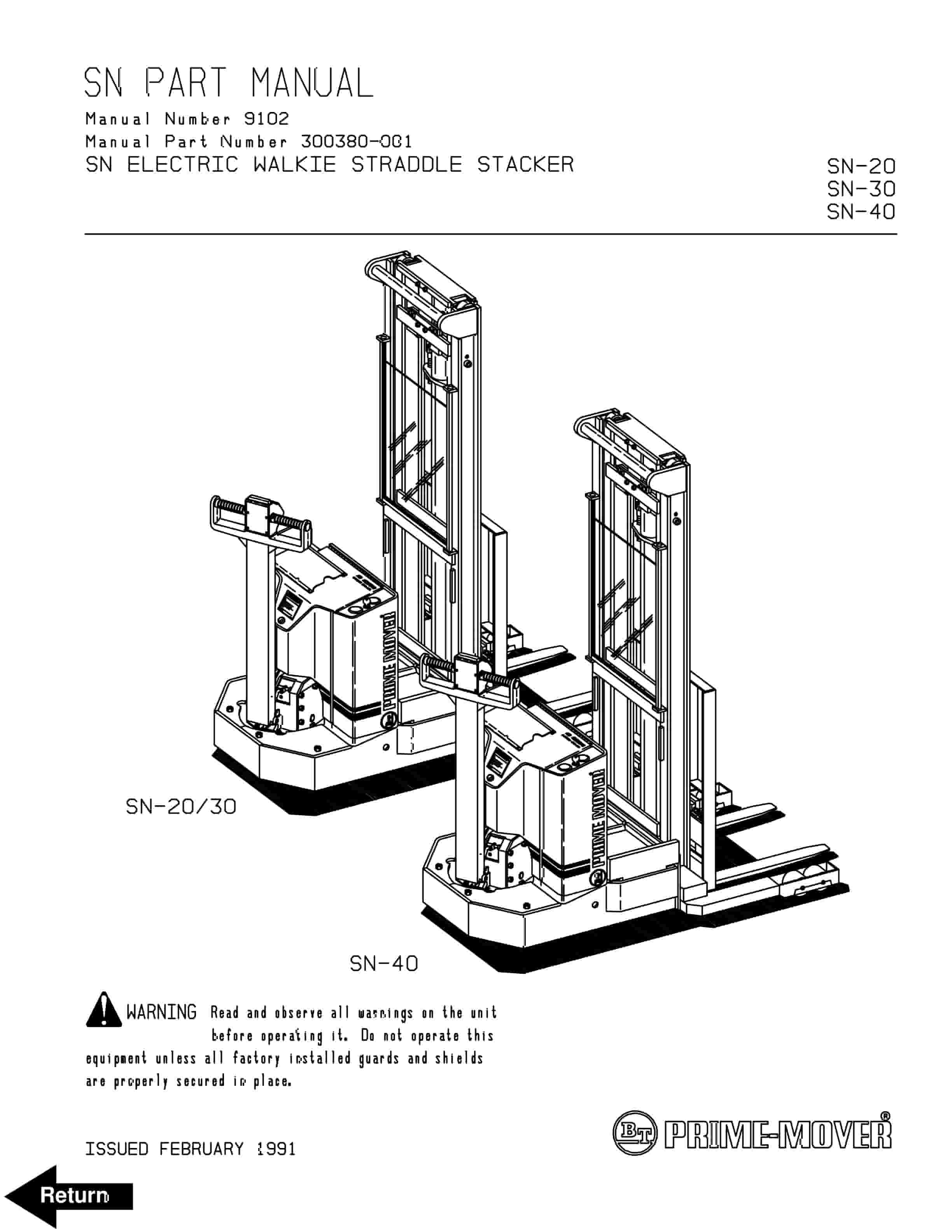 BT SN-20, SN-30, SN-40 Electric Walkie Straddle Stacker Parts Manual 300380-001 1 BT SN-20, SN-30, SN-40 Electric Walkie Straddle Stacker Parts Manual 300380-001