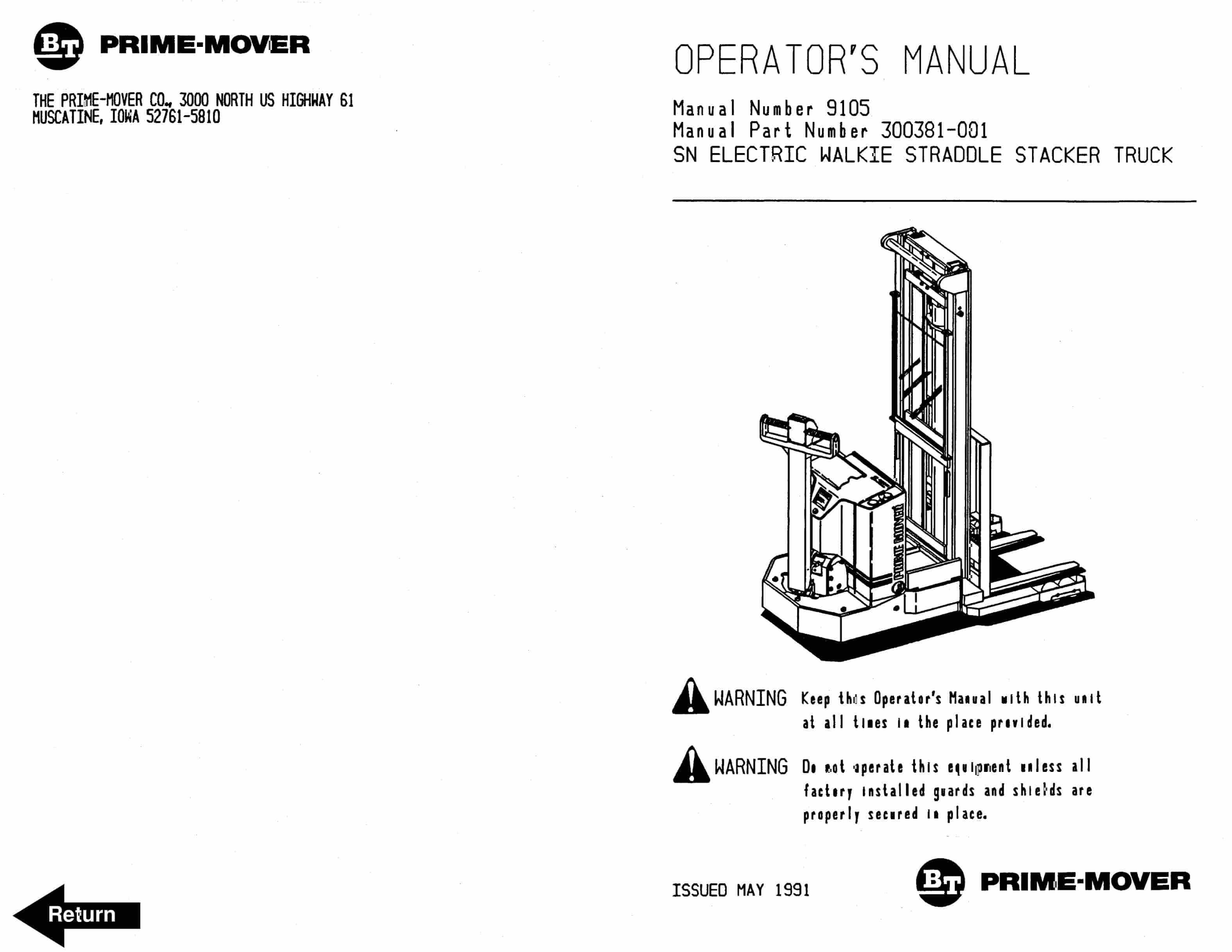 BT SN Electric Walkie Straddle Stacker Truck Operator Manual 300381-001