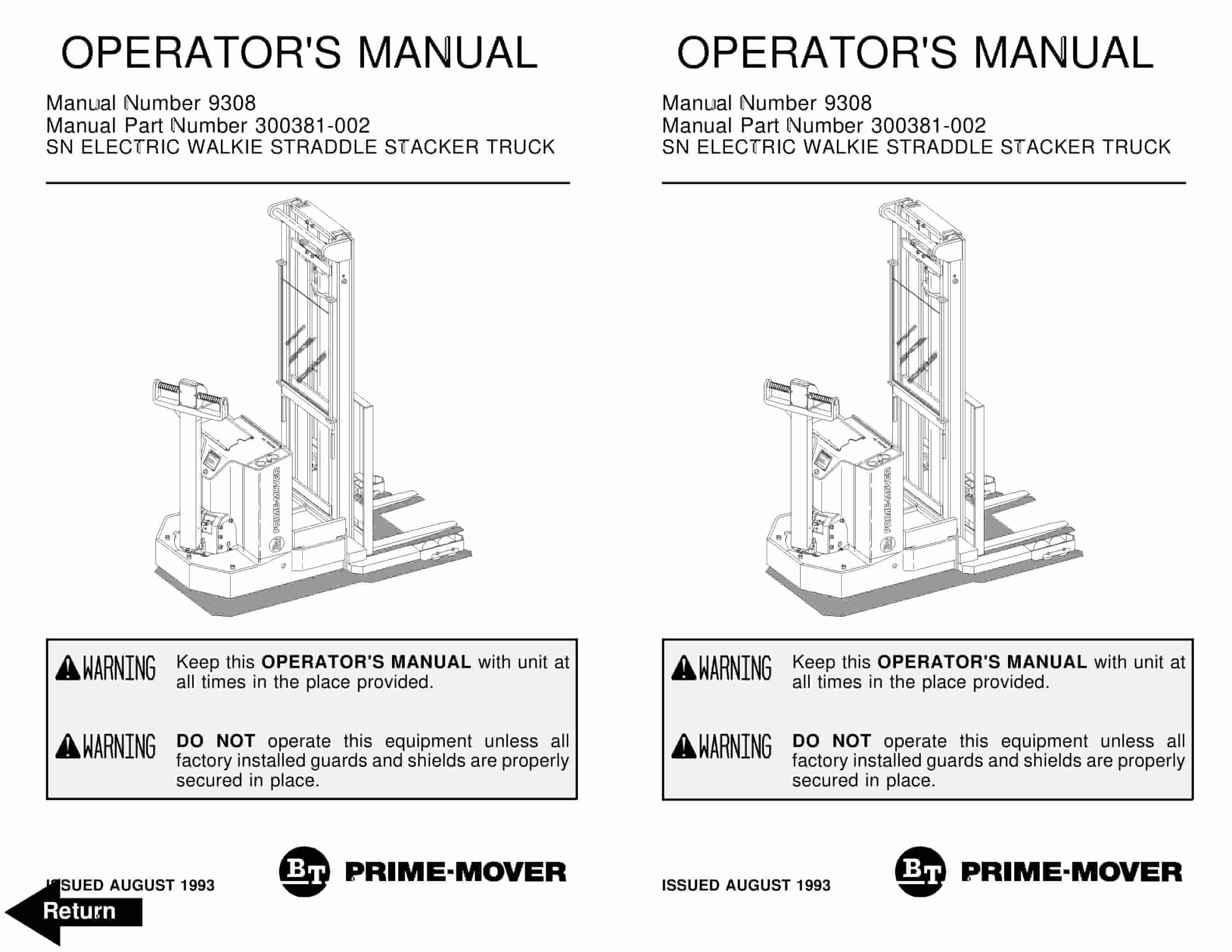 BT SN Electric Walkie Straddle Stacker Truck Operator Manual 300381-002