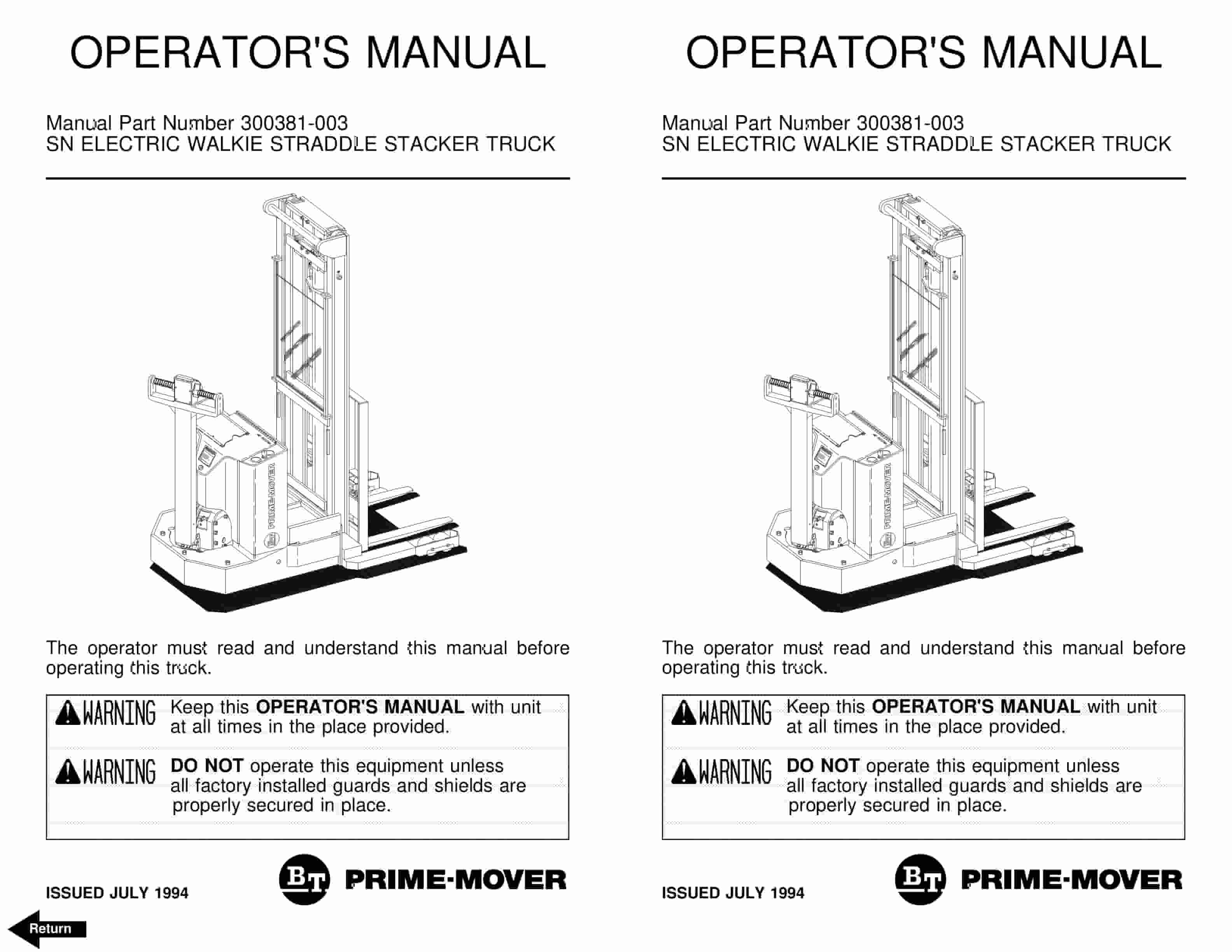 BT SN Electric Walkie Straddle Stacker Truck Operator Manual 300381-003