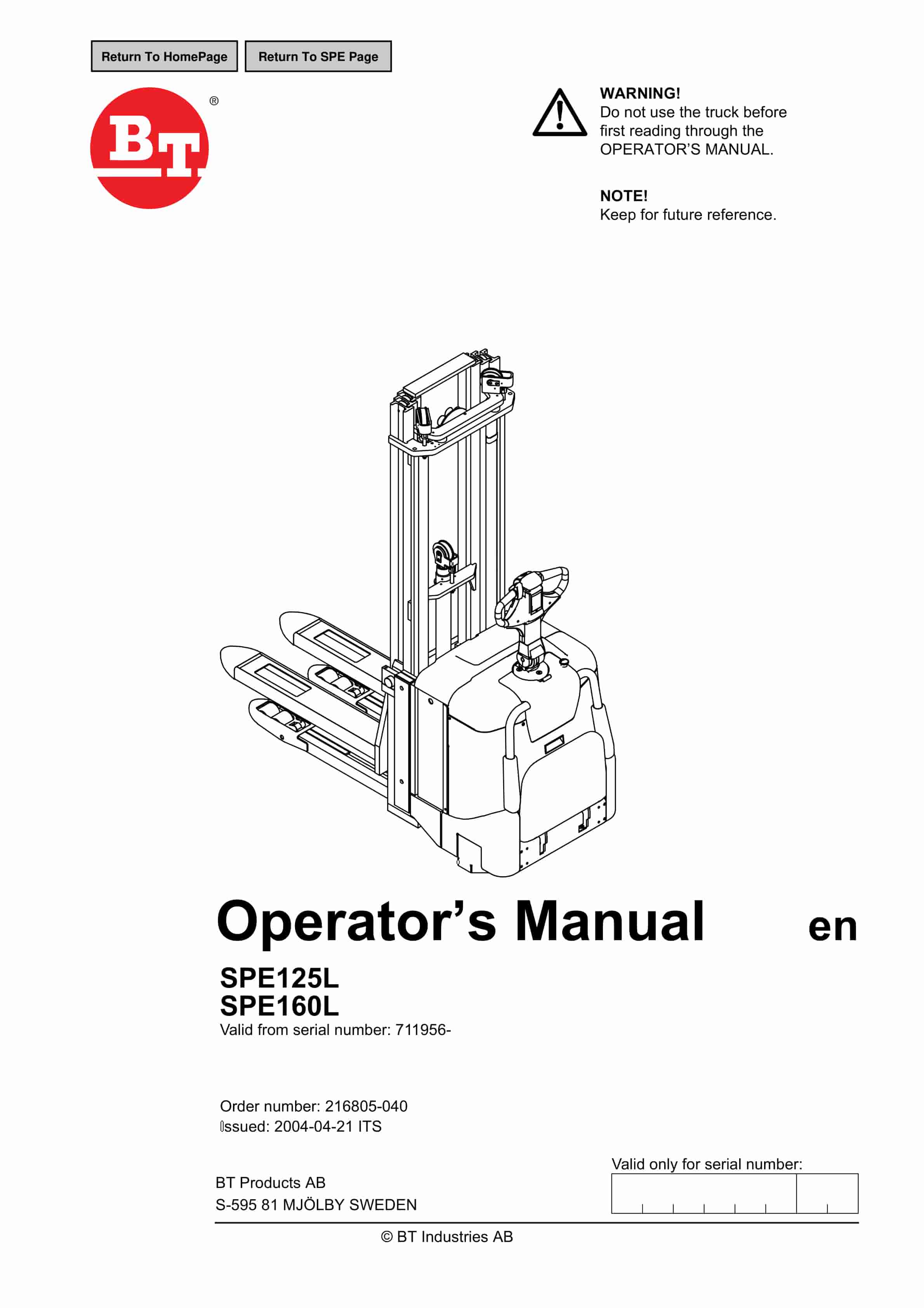 BT SPE125L, SPE160L Operator Manual 216805-040