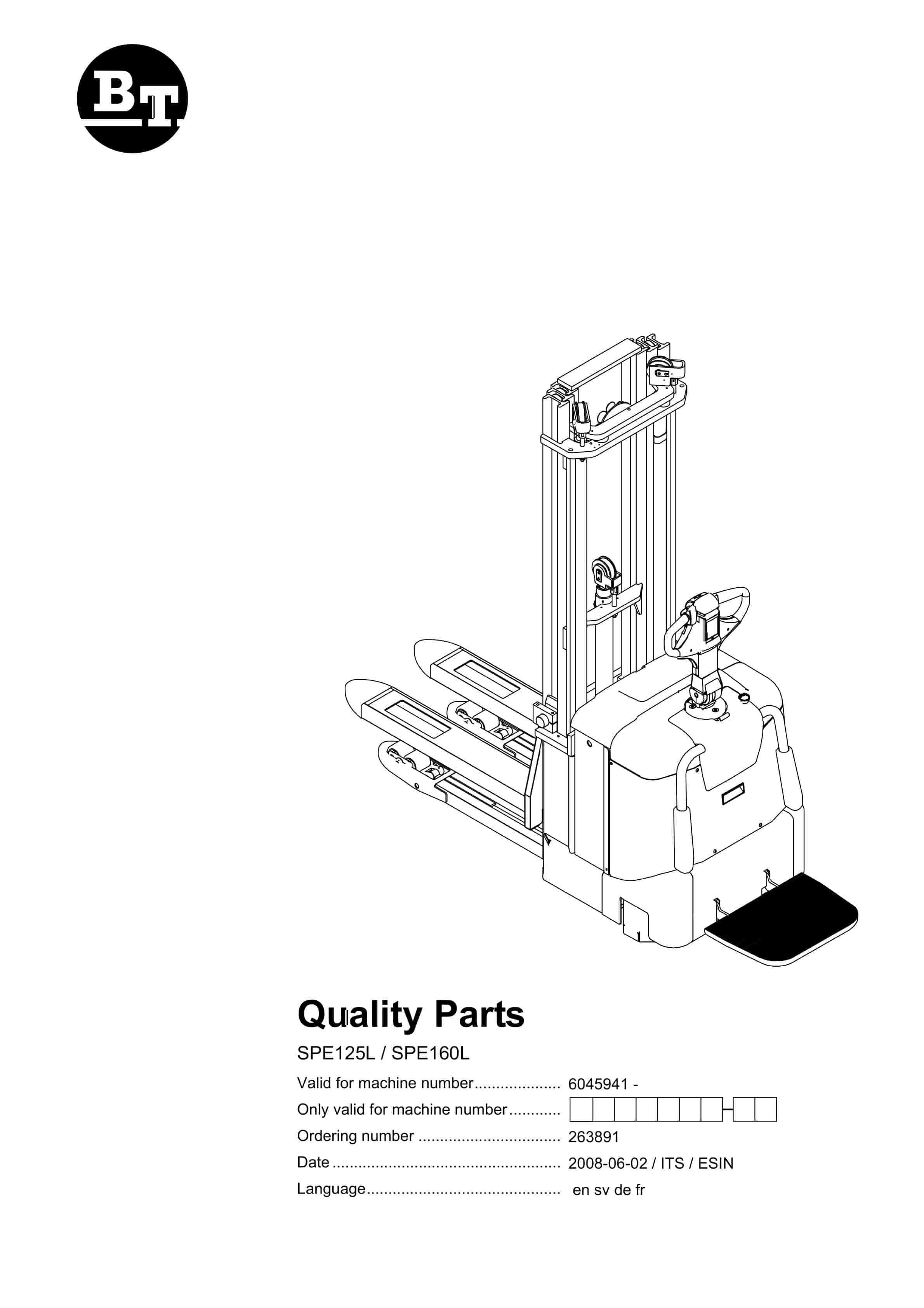 BT SPE125L, SPE160L Quality Parts 263891 1 BT SPE125L, SPE160L Quality Parts 263891