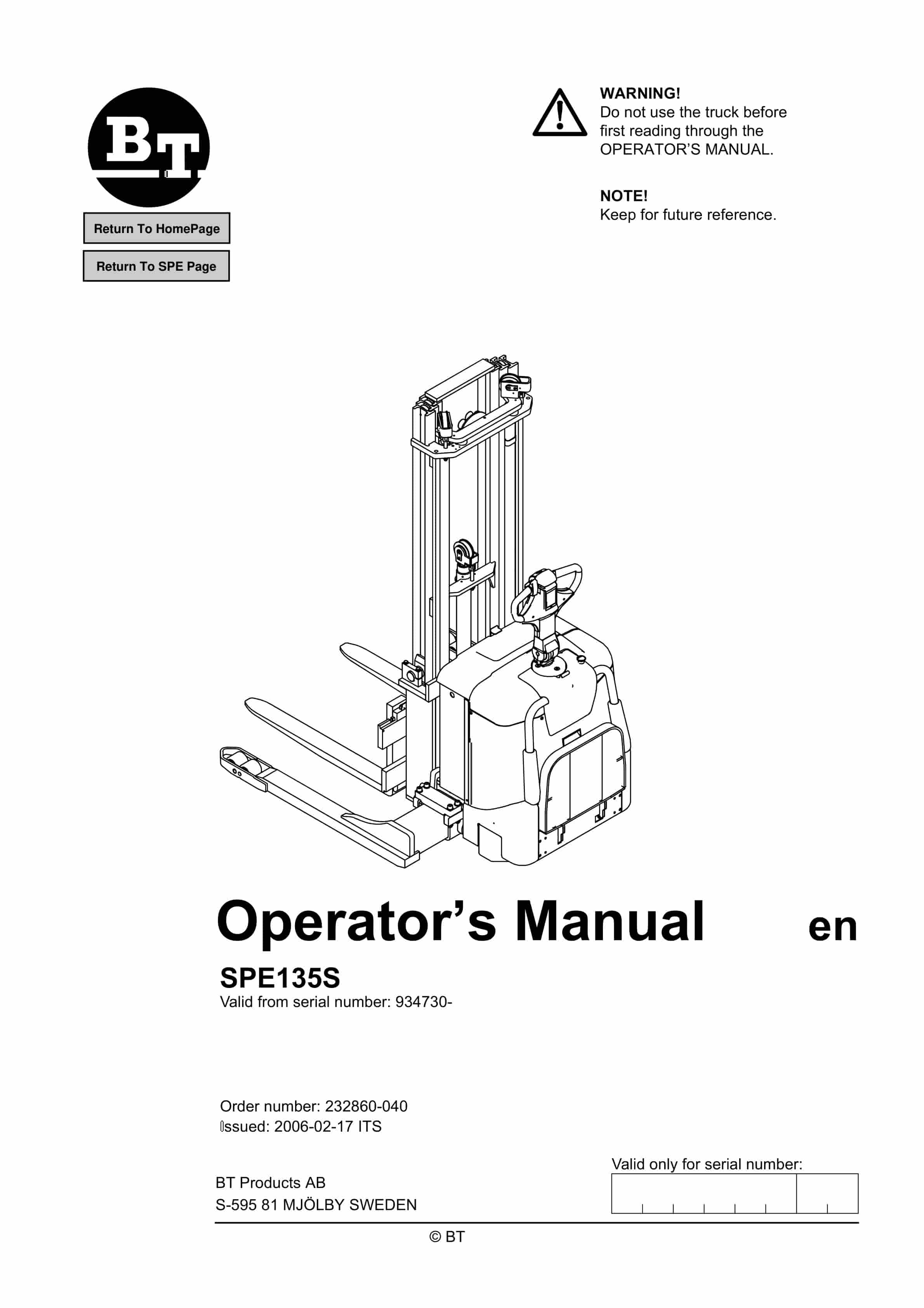 BT SPE135S Operator Manual 232860-040