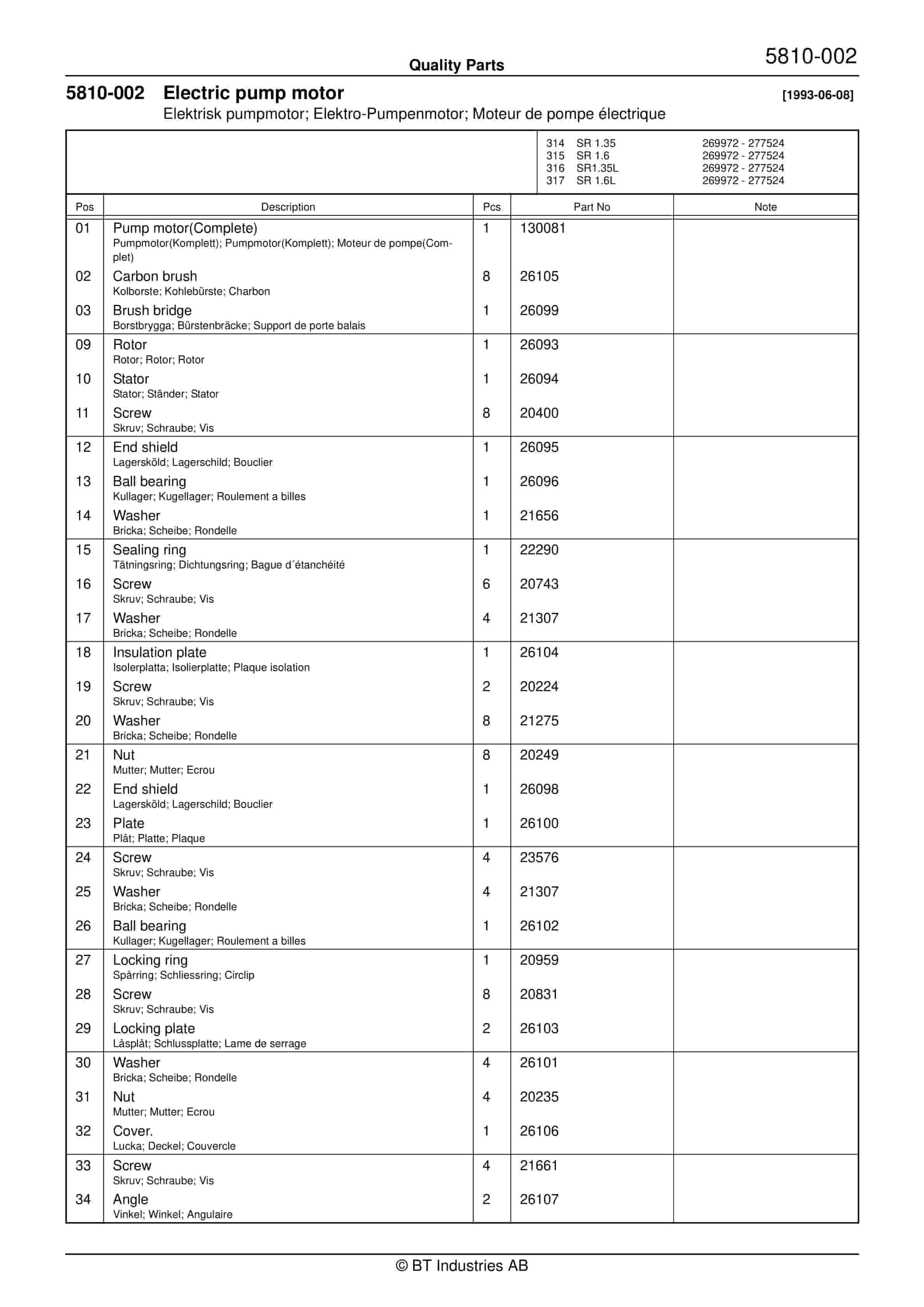 BT SR 1.35, SR 1.35L, SR 1.6, SR 1.6L Quality Parts 146422 2 BT SR 1.35, SR 1.35L, SR 1.6, SR 1.6L Quality Parts 146422 - Image 2