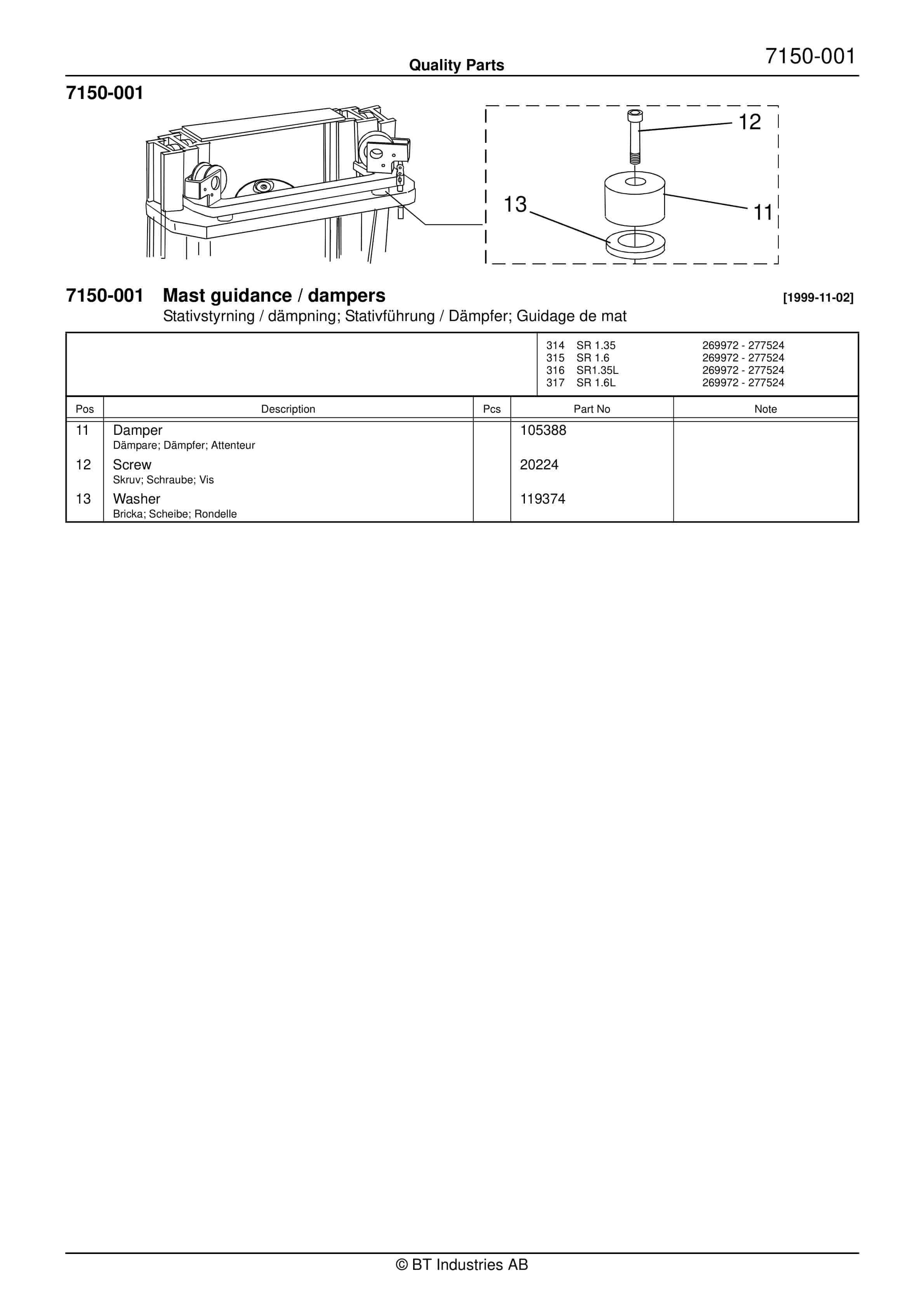 BT SR 1.35, SR 1.35L, SR 1.6, SR 1.6L Quality Parts 146422 4 BT SR 1.35, SR 1.35L, SR 1.6, SR 1.6L Quality Parts 146422 - Image 4