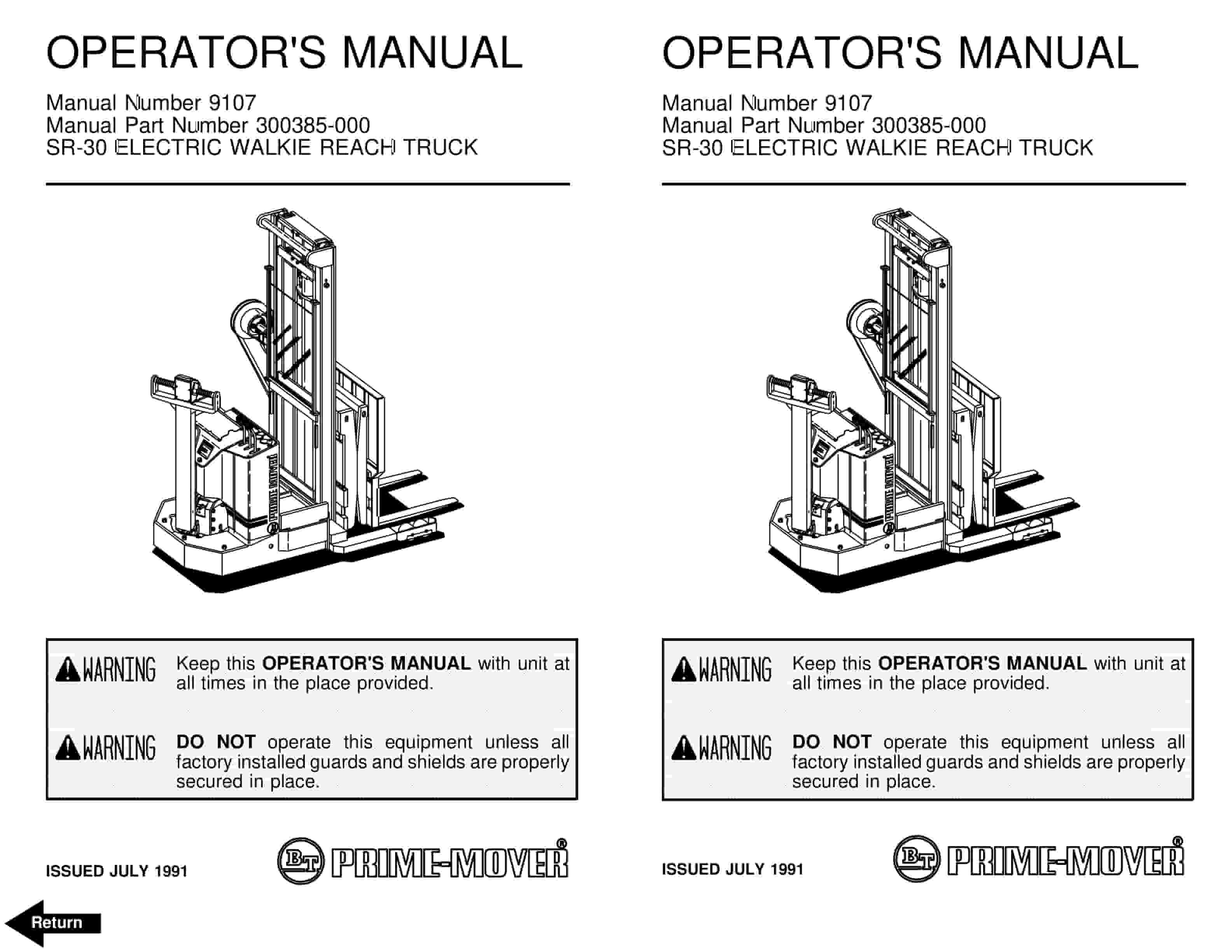 BT SR-30 Electric Walkie Reach Truck Operator Manual 300385-000