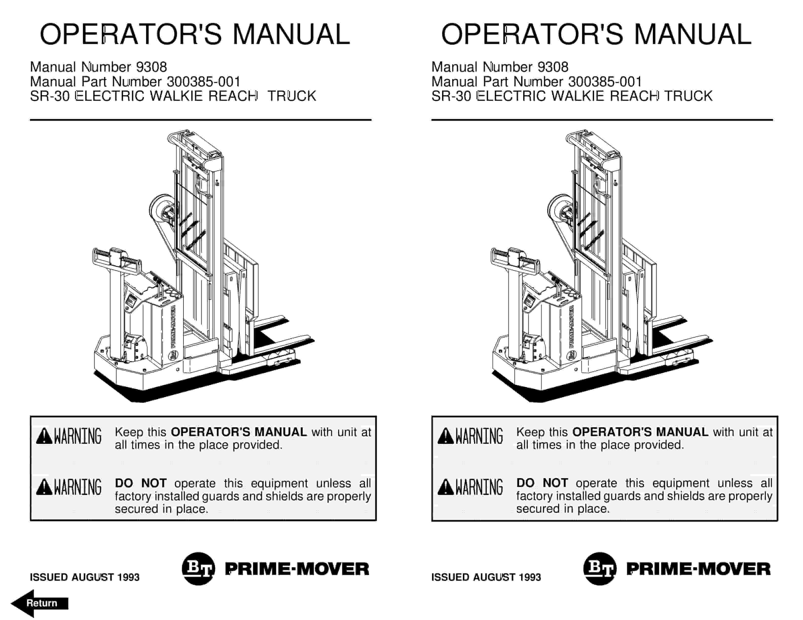 BT SR-30 Electric Walkie Reach Truck Operator Manual 300385-001
