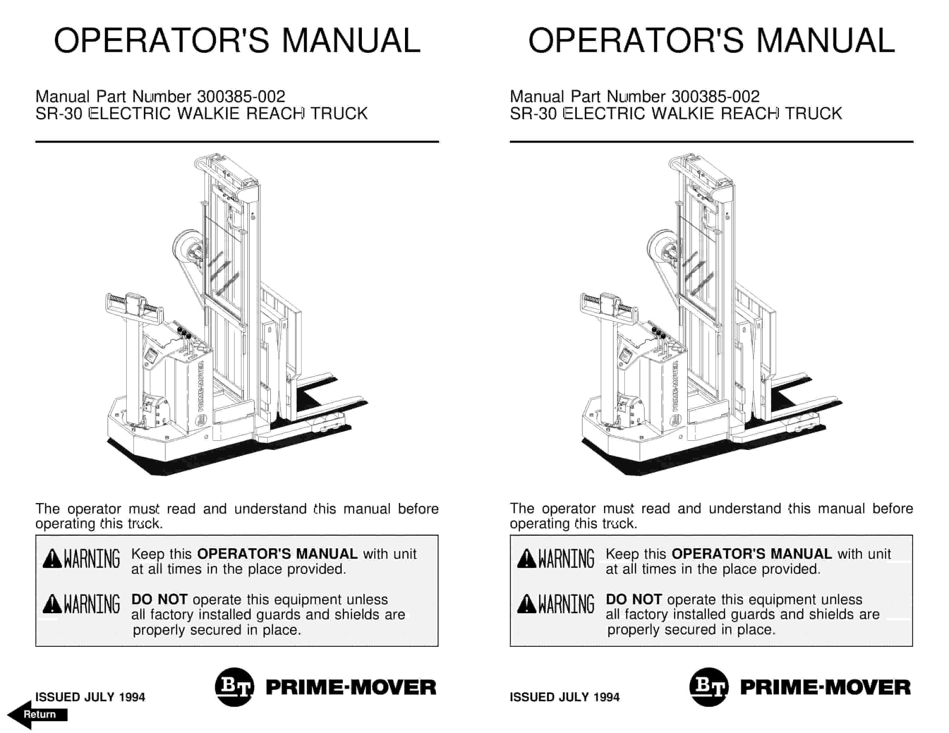 BT SR-30 Electric Walkie Reach Truck Operator Manual 300385-002