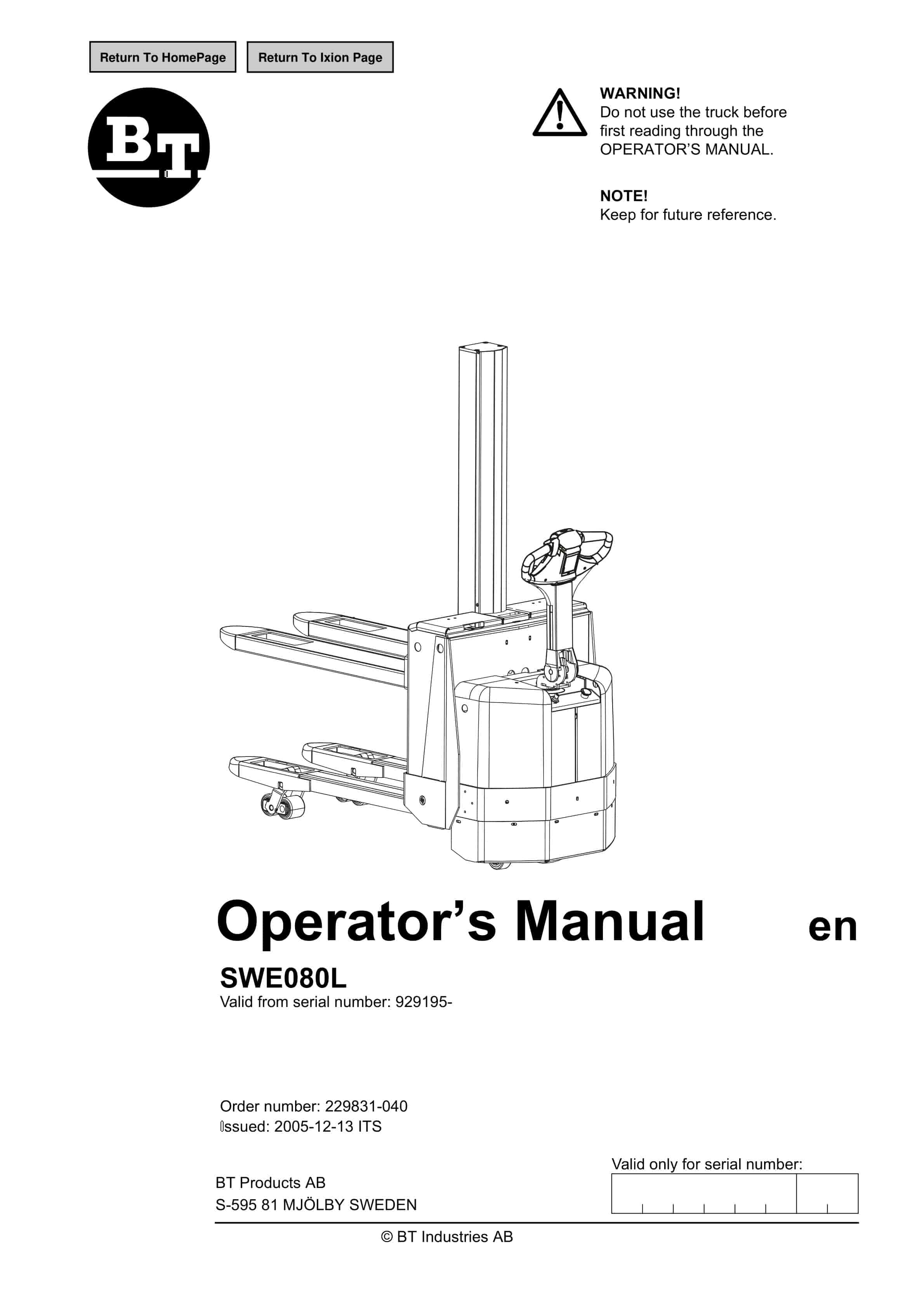 BT SWE080L Operator Manual 229831-040