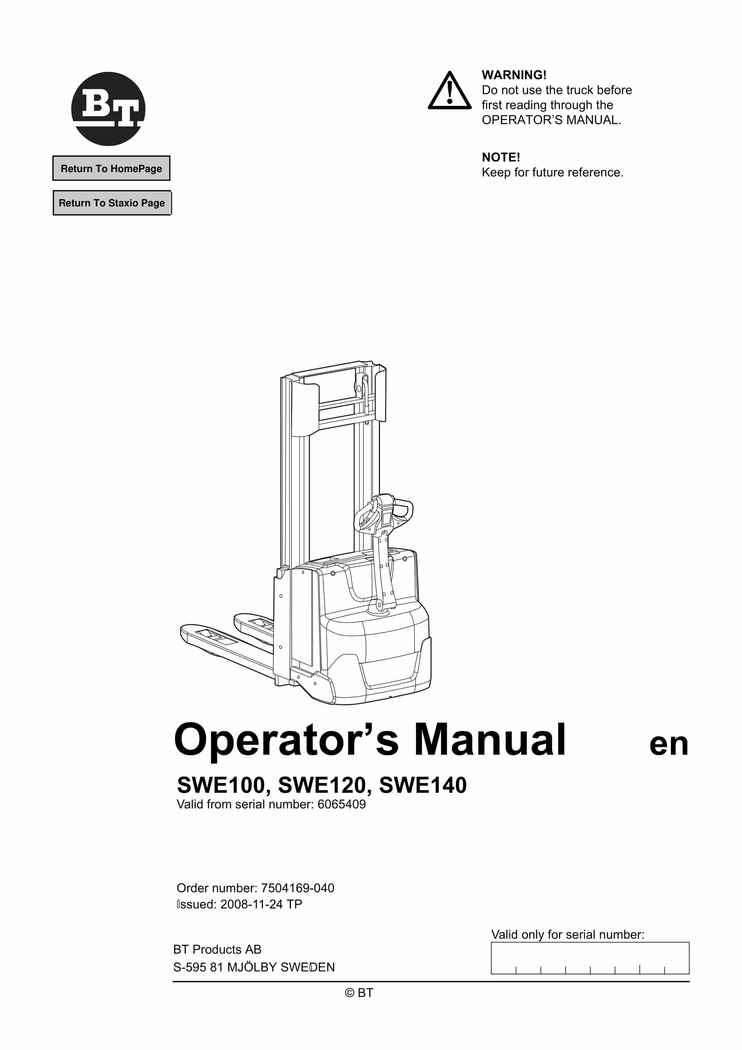 BT SWE100, SWE120, SWE140 Operator Manual 7504169-040