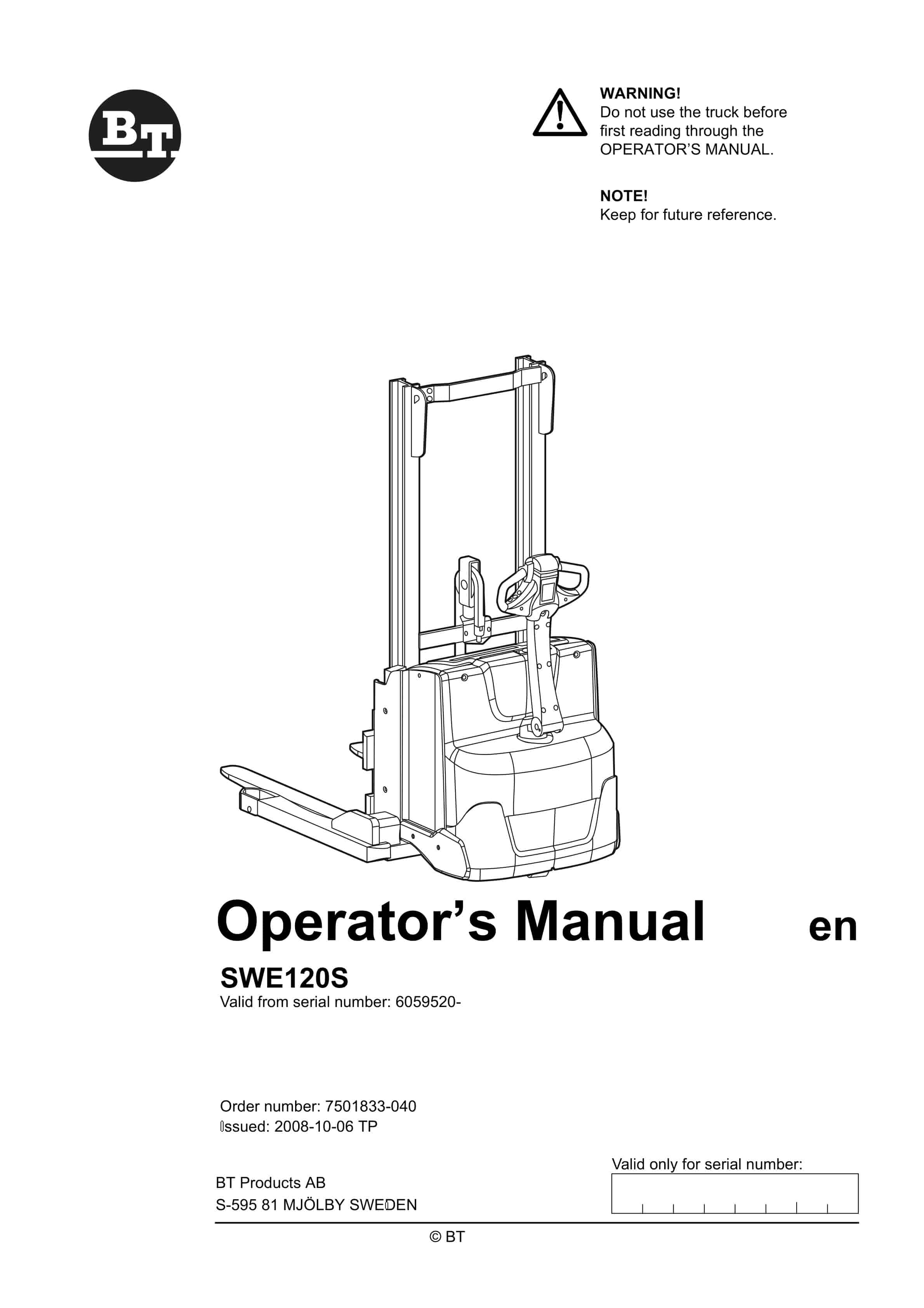 BT SWE120S Operator Manual 7501833-040