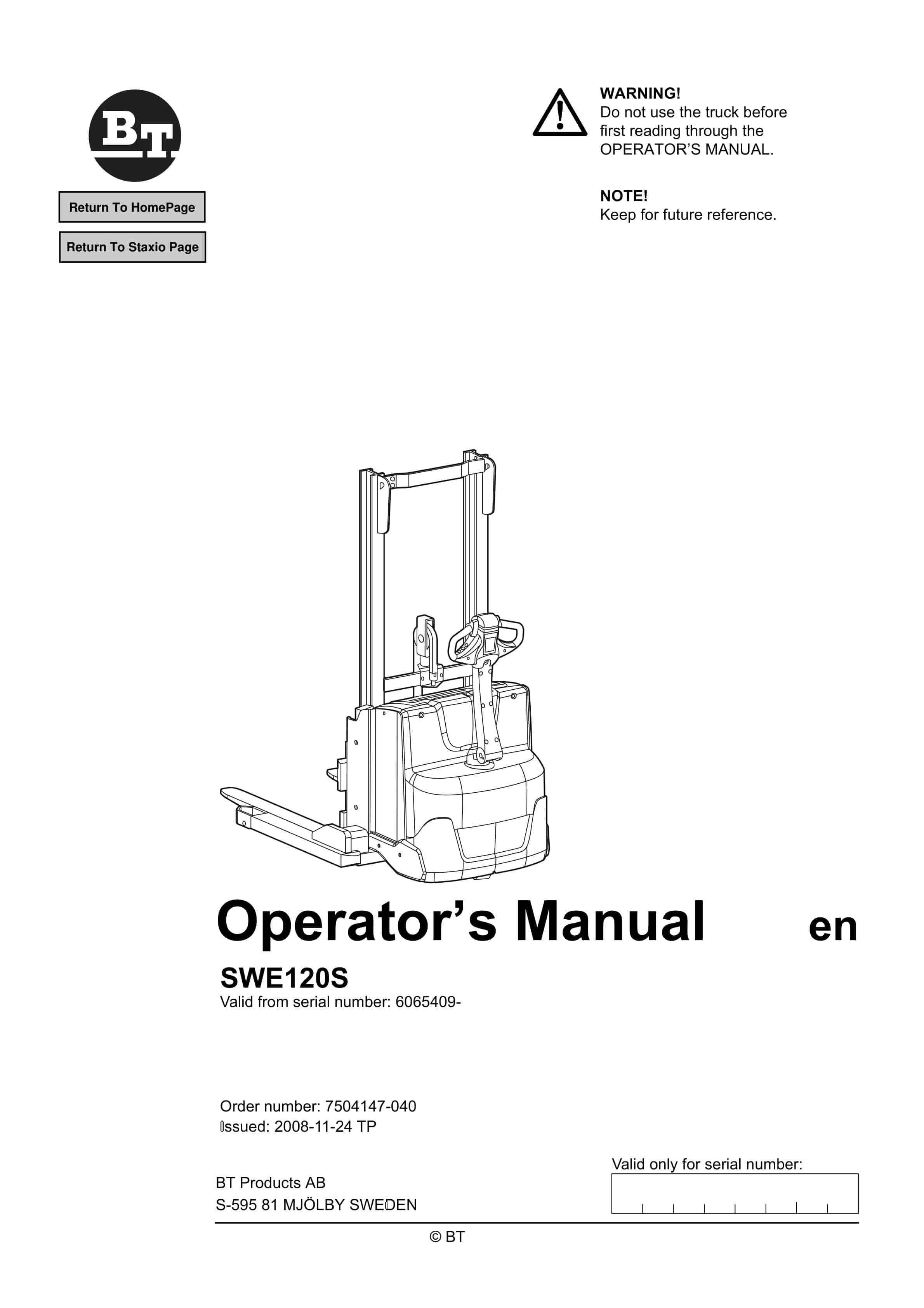 BT SWE120S Operator Manual 7504147-040