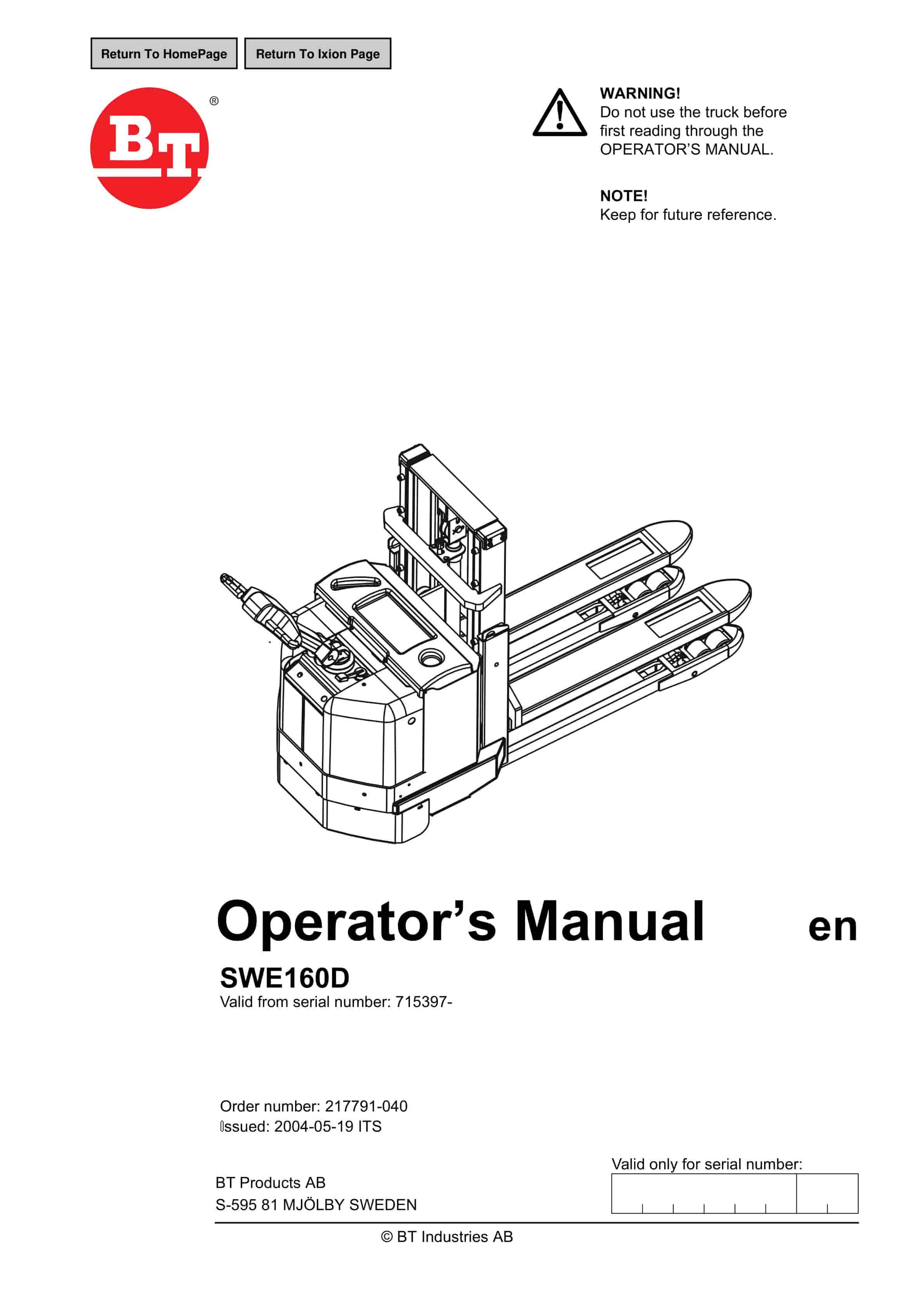BT SWE160D Operator Manual 217791-040