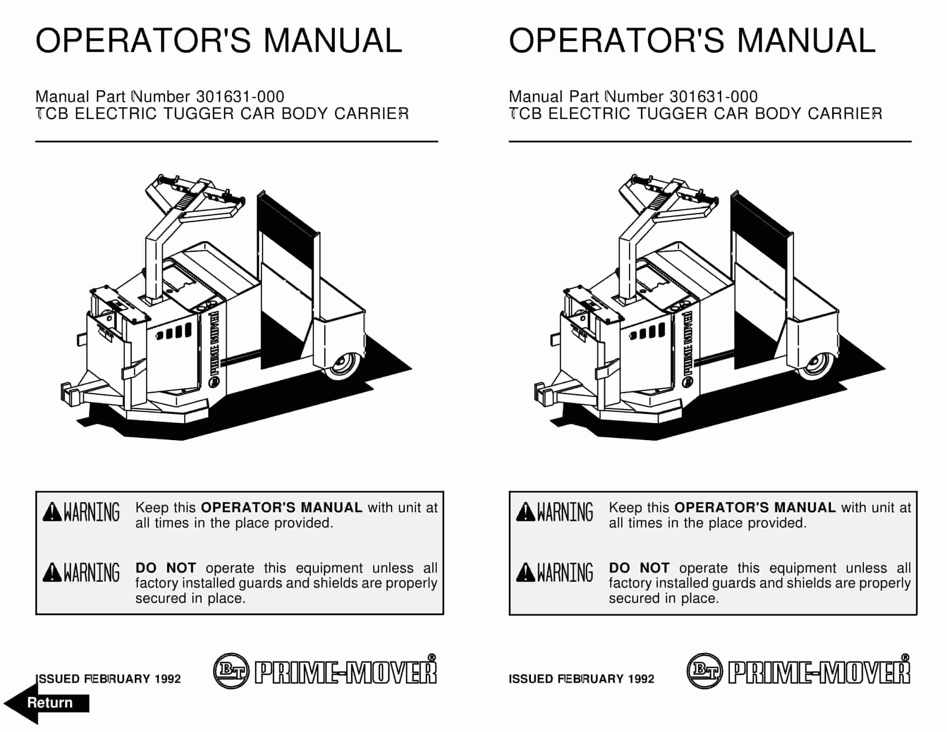 BT TCB Electric Tugger Car Body Carrier Operator Manual 301631-000
