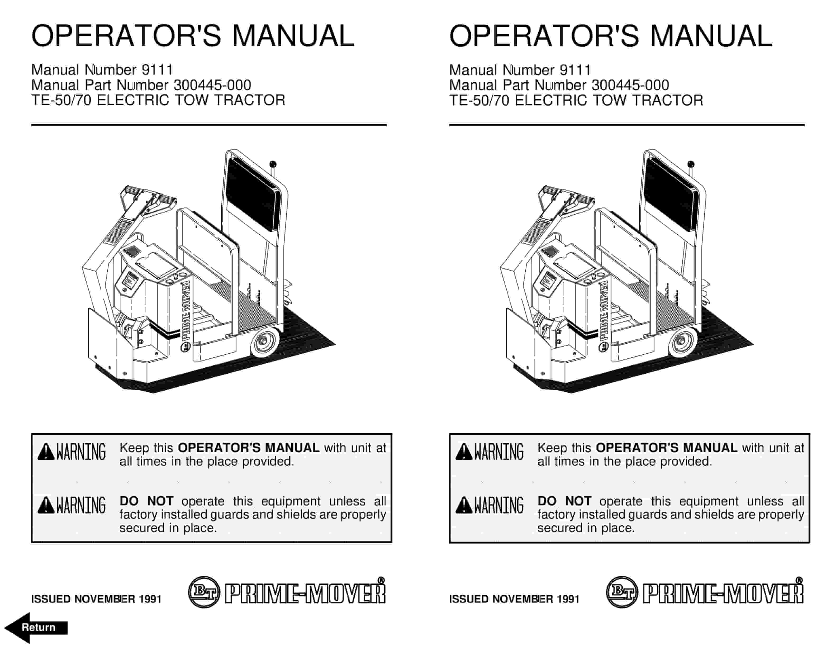 BT TE-50, TE-70 Electric Tow Tractor Operator Manual 300445-000