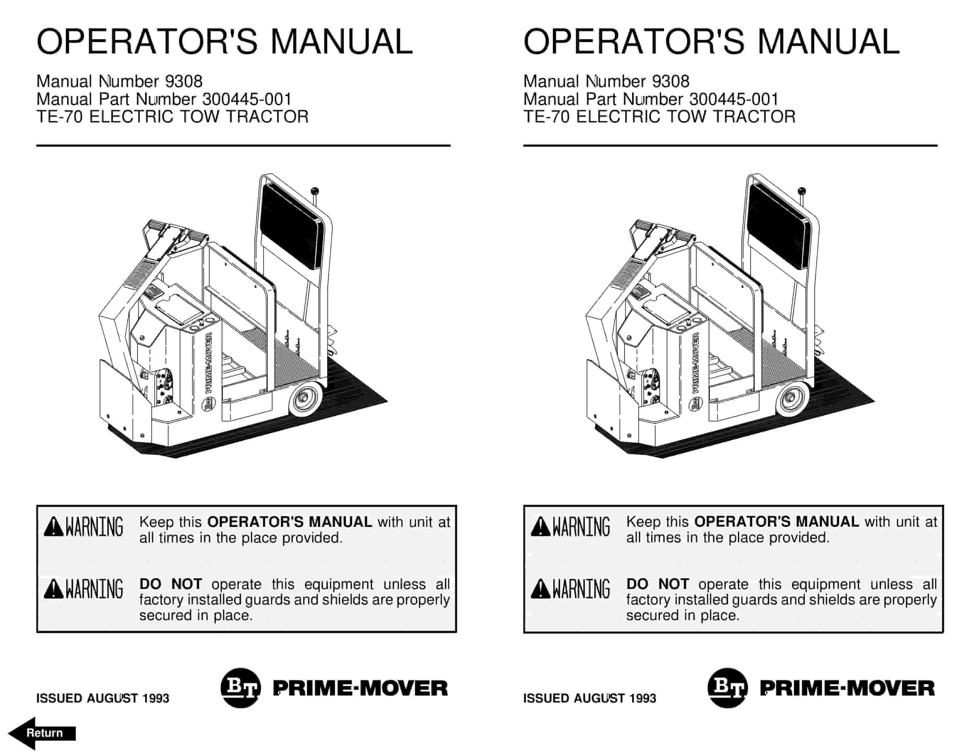 BT TE-70 Electric Tow Tractor Operator Manual 300445-001