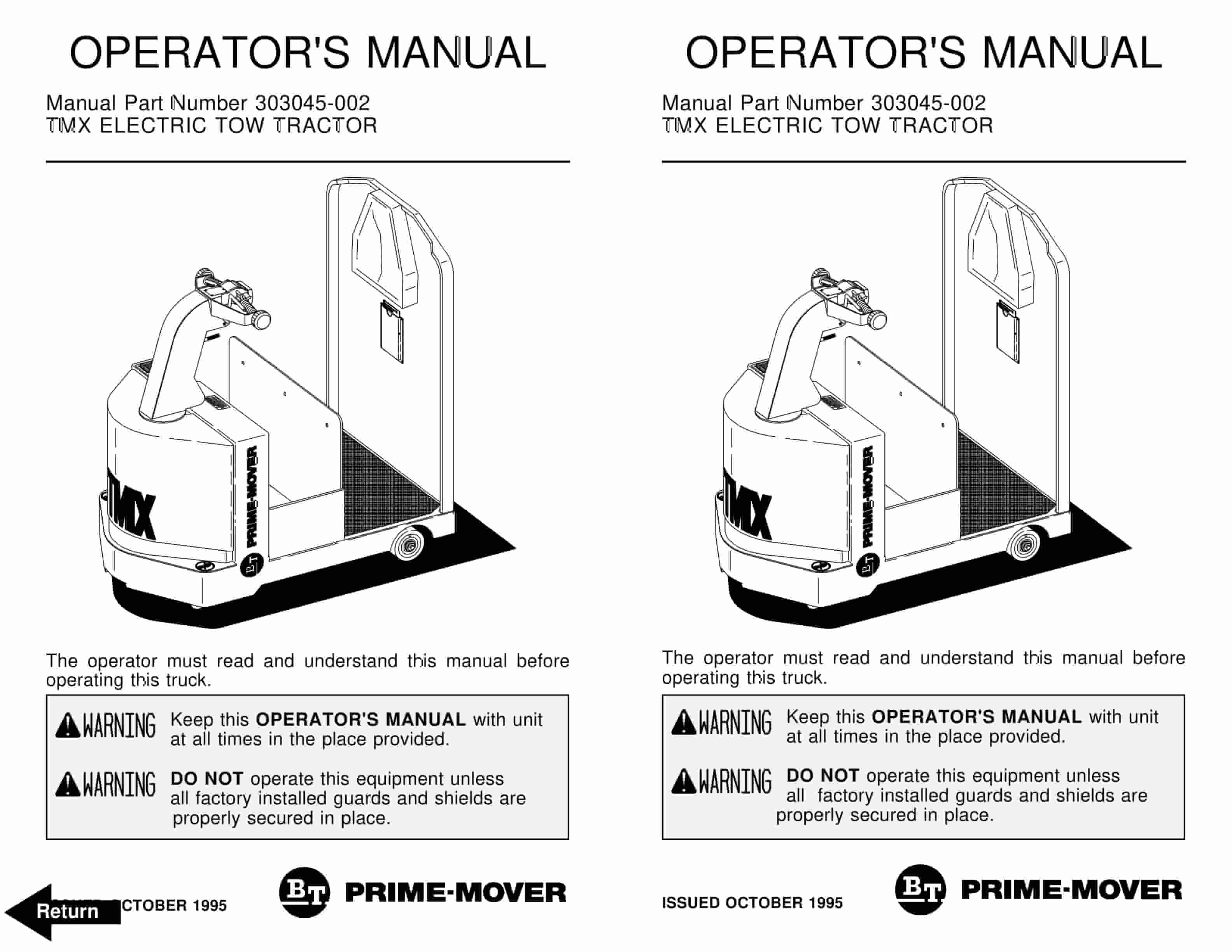 BT TMX Electric Tow Tractor Operator Manual 303045-002