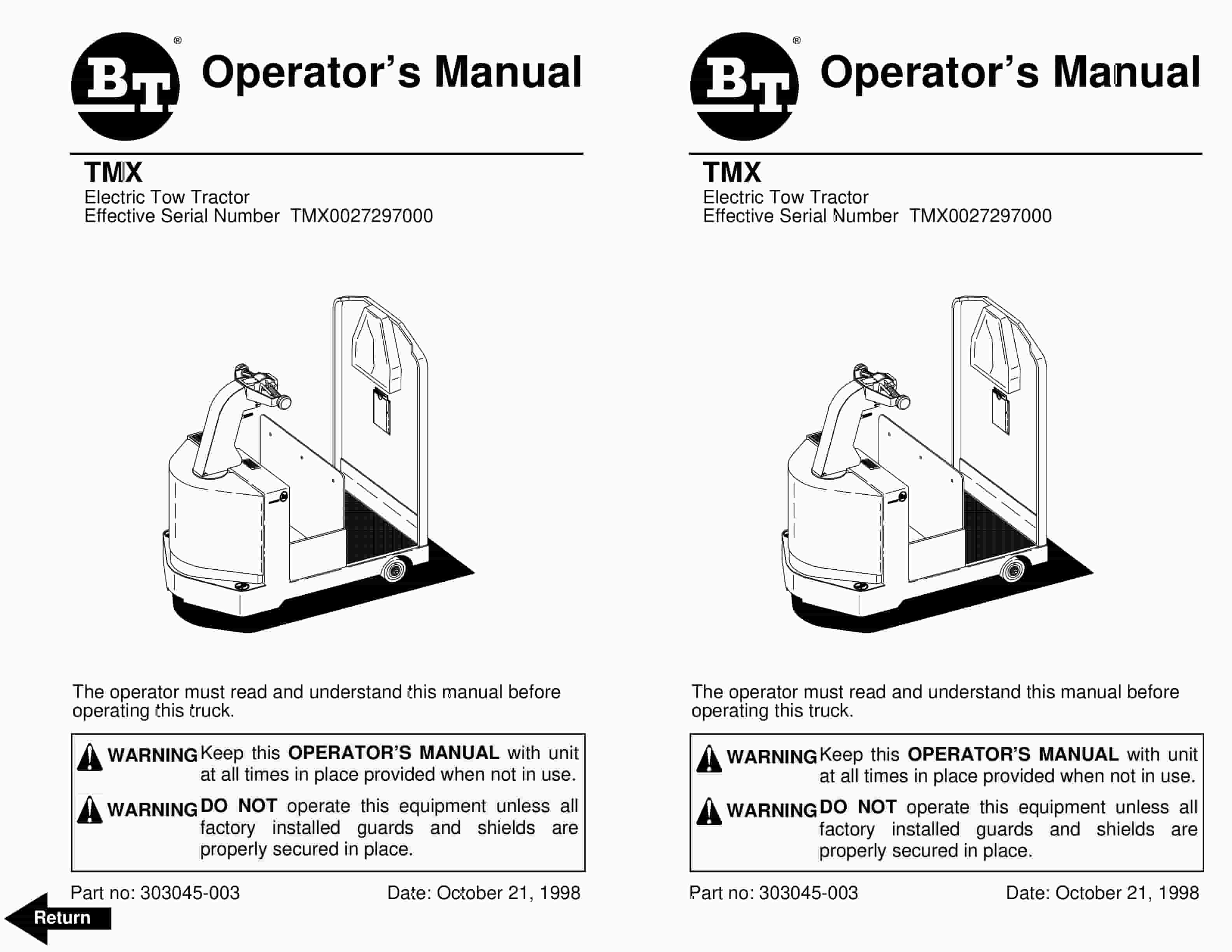 BT TMX Electric Tow Tractor Operator Manual 303045-003