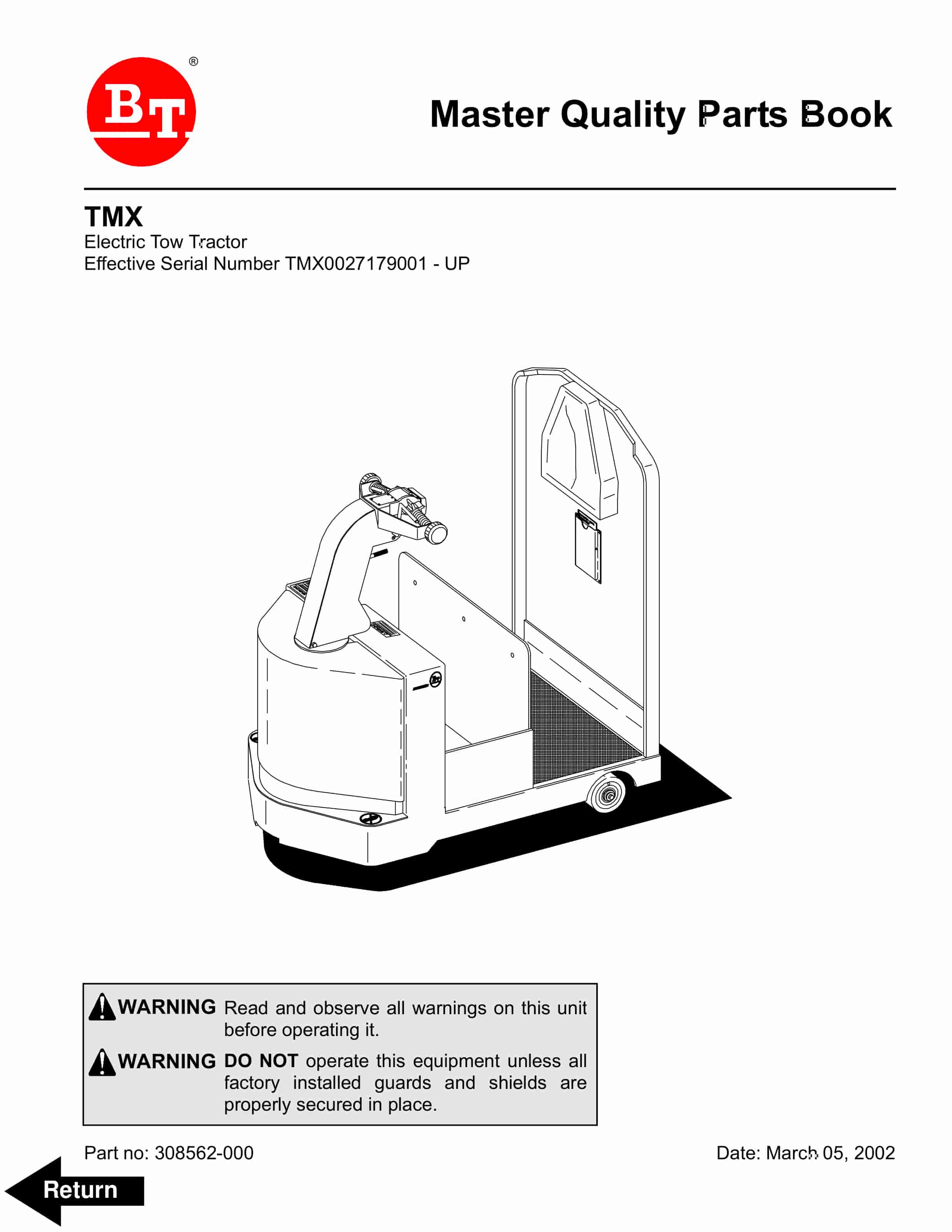 BT TMX Electric Tow Tractor Parts Manual 308562-000